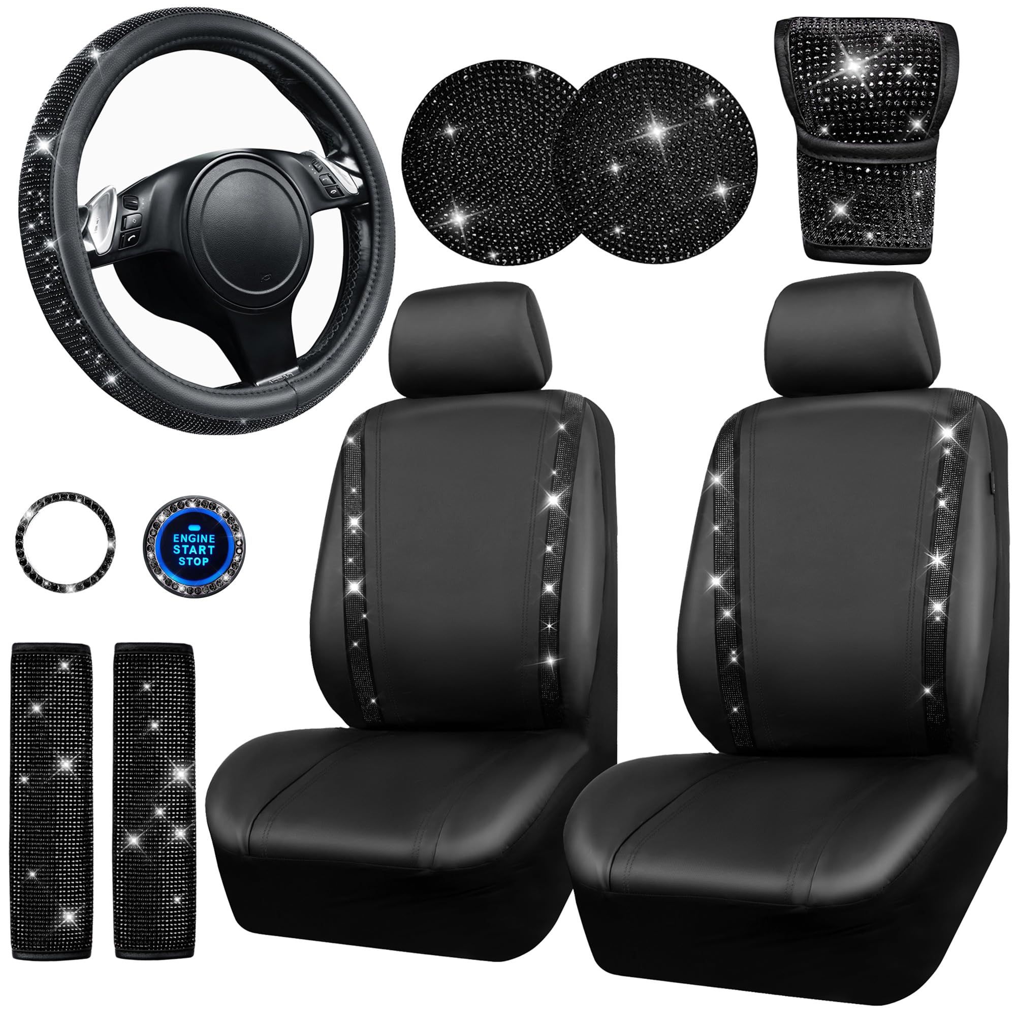 Car Pass Pink Bling Car Accessories Set For Women, Sparkly Rhinestone Diamond Steering Wheel Cover Set Seat Belt Cushion Glitter