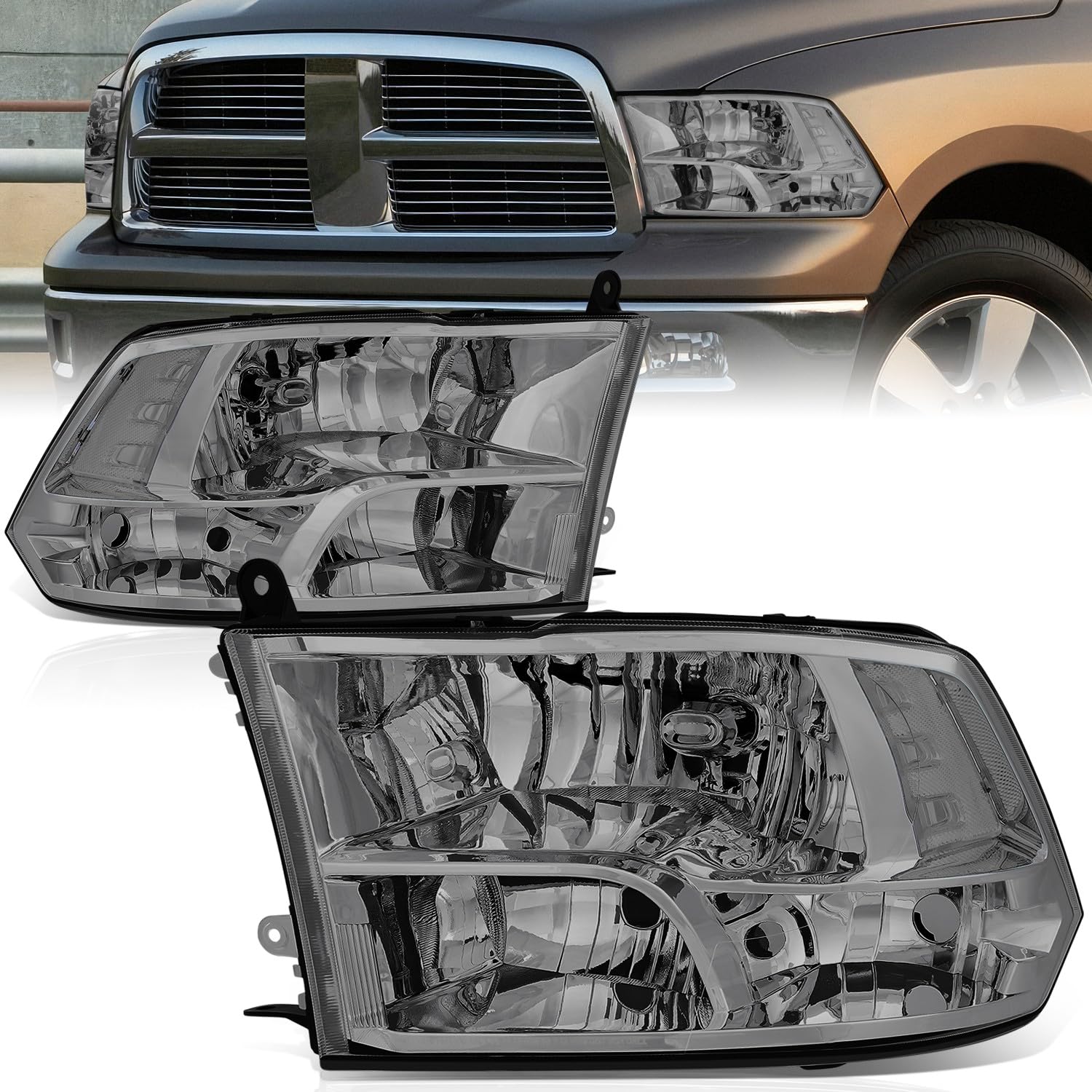 Auto Dynasty Quad Headlights Assembly Compatible With 2009-2010 Dodge Ram 1500 2500 3500, 2011-2018 Ram 1500 2500 3500 4500 5500