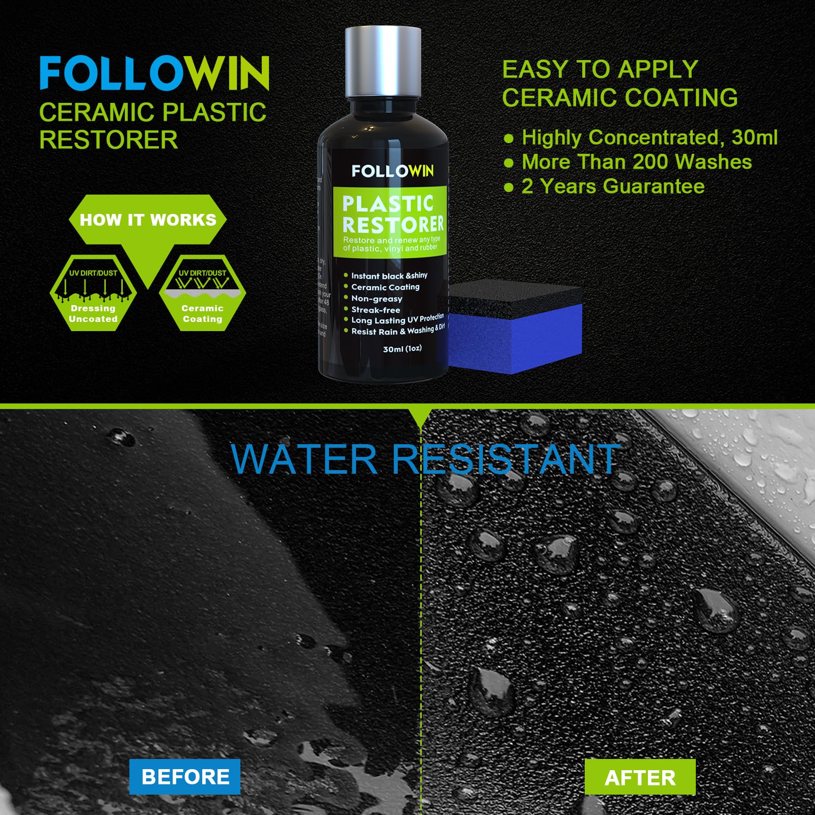 Followin Plastic Restorer For Cars Ceramic Plastic Coating Trim Restore, Resists Water, Uv Rays, Dirt, Ceramic Coating, Not Dressing, Hydrophobic Trim Coating, Highly Concentrated, 30Ml