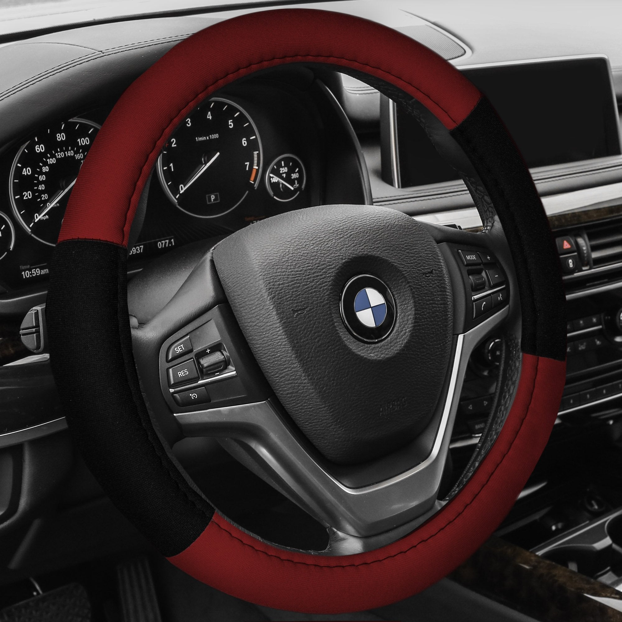 Fh Group Universal Fit Modernistic And Seat Belt Pads Combo Set Red Steering Wheel Cover Fits Most Cars, Suvs