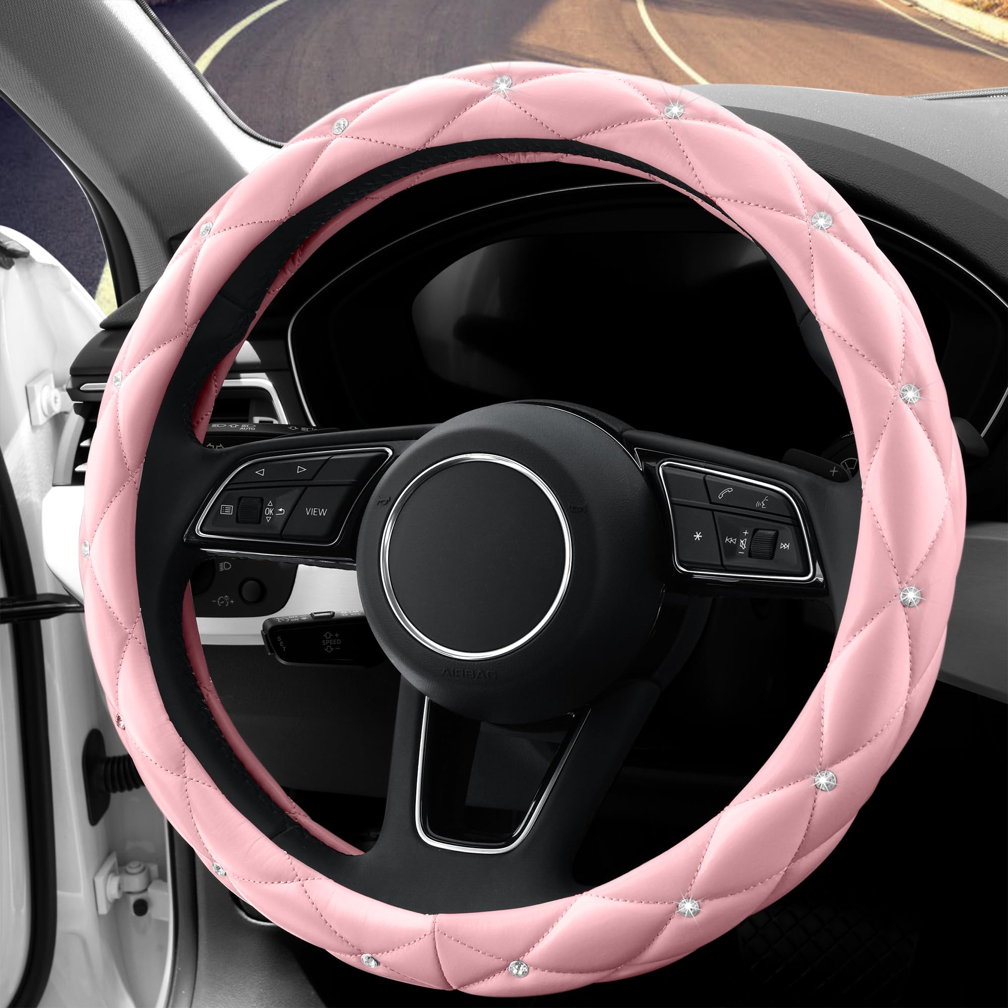 Yogurtck Cute Diamond Soft Light Pink Leather Anti-Slip Steering Wheel Cover With Bling Bling Crystal Rhinestones, Universal 15