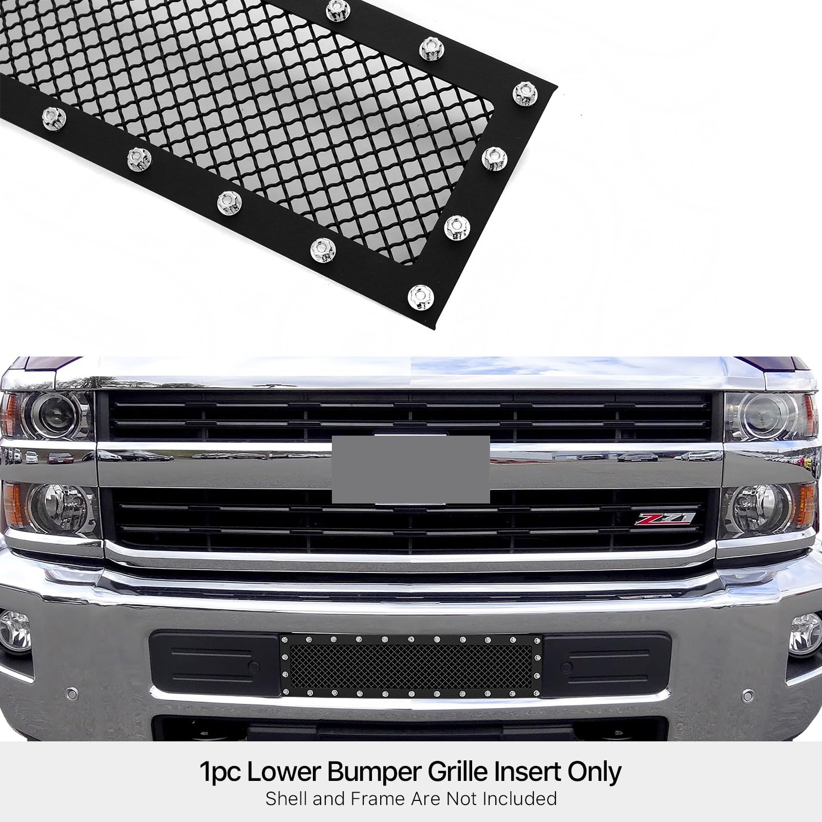 Aps Compatible With Chevy Silverado 2500 Hd 3500 Hd 2015-2019 Lower Bumper Stainless Steel Black Mesh Rivet Studs Grille Insert