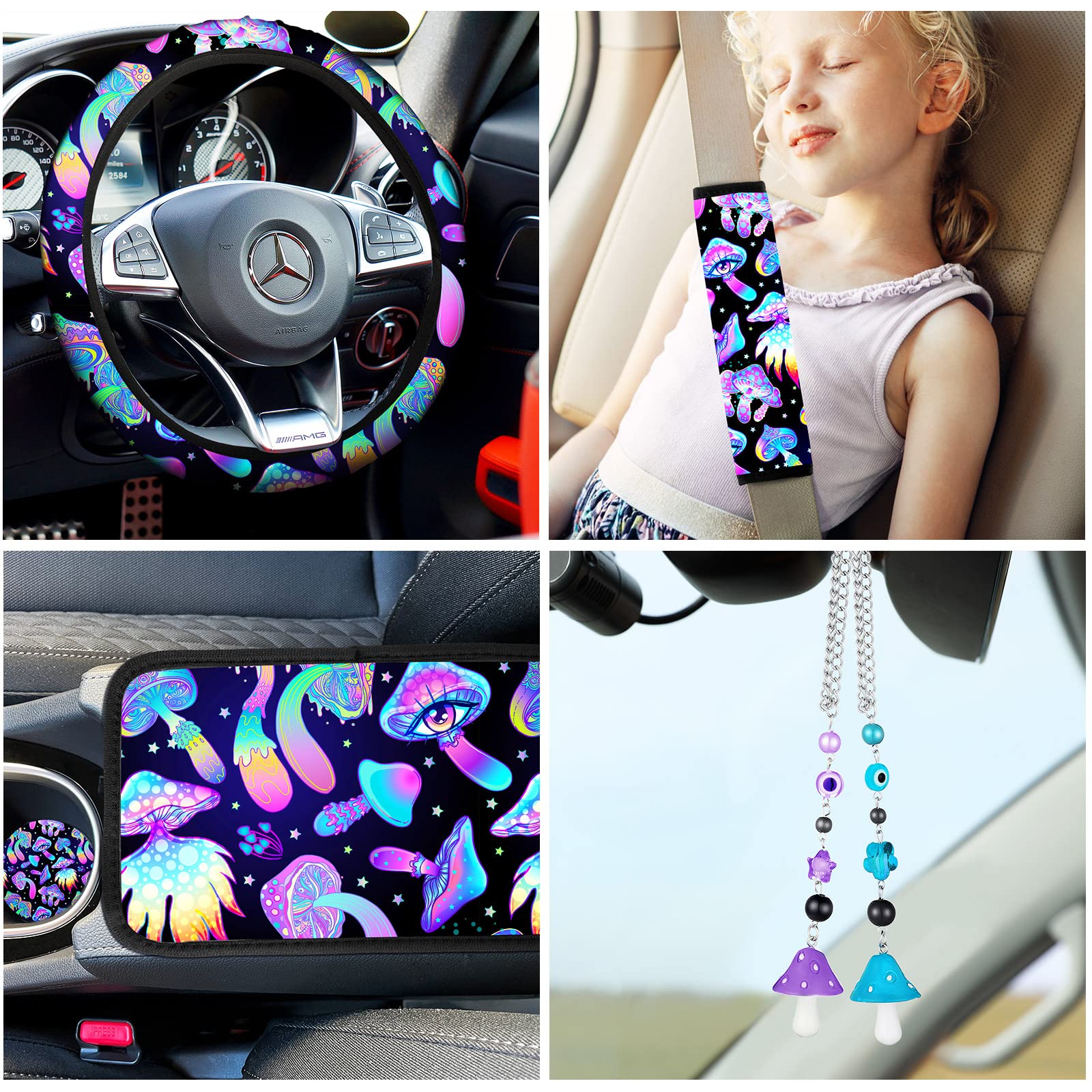 17 Pcs Mushroom Car Seat Covers Mushroom Car Accessories Full Set for Women Men Automotive Rear Front Seat Protector View Mirror