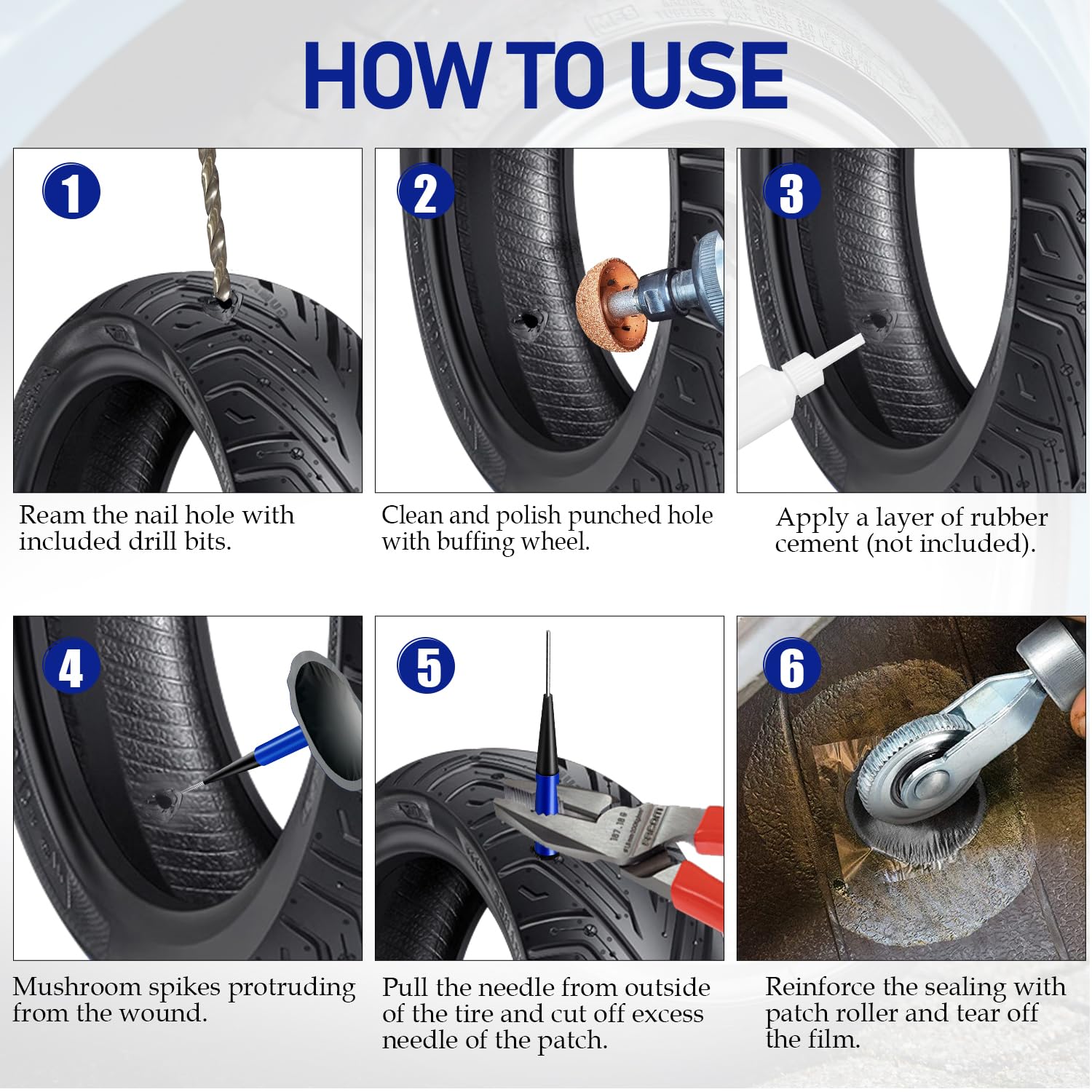 Socpuro Tire Repair Patch Tool Kit Including 24pcs Tire Patch Plugs, Tungsten Buffing Wheel, Tire Patch Roller with 4mm Twist Dr