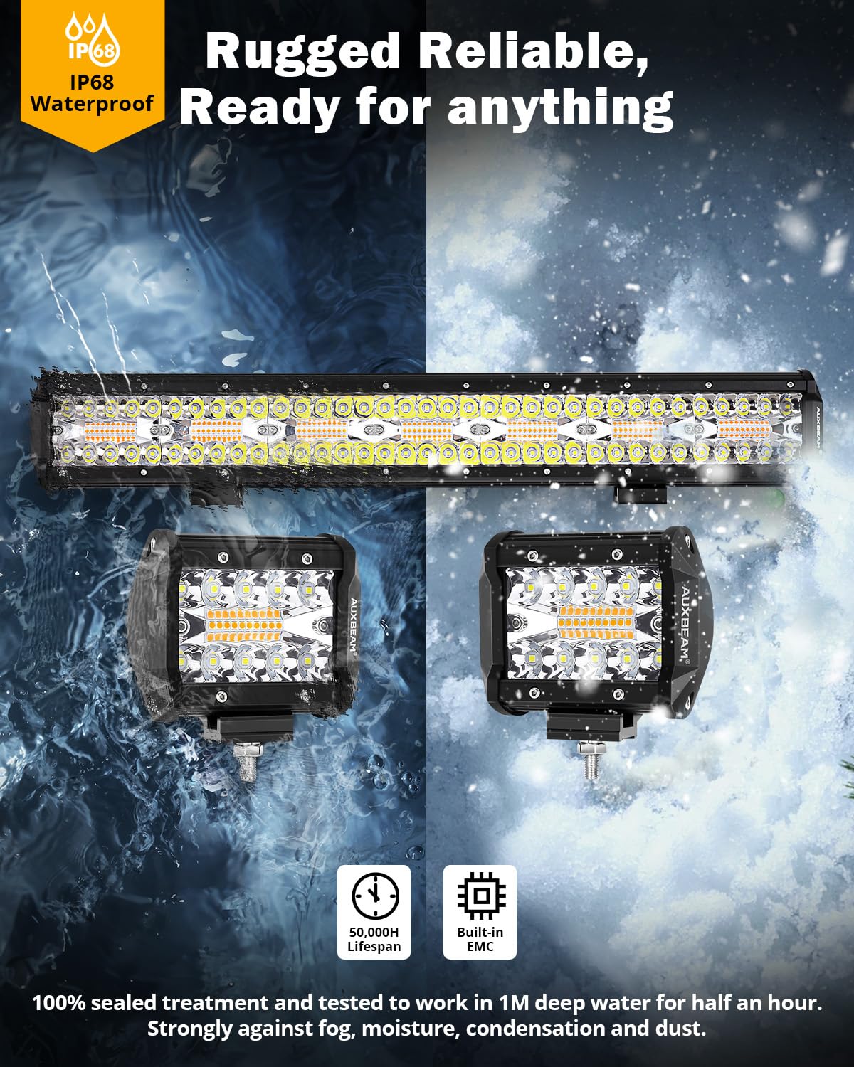 Auxbeam 6 Modes Amber White Series, 4'' Led Pods With 20'' Led Light Bar Combo Set, Dual Color Strobe Flash/Warning/Signal Spot