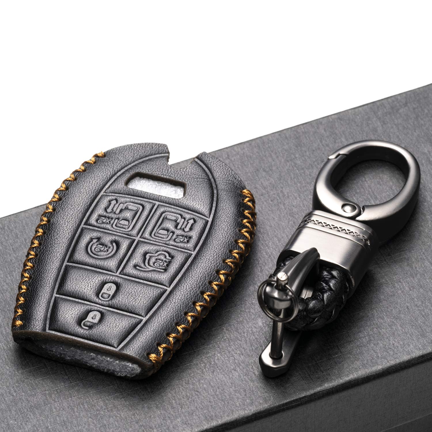 Vitodeco Genuine Leather Smart Key Fob Case Cover Protector With Leather Key Chain Compatible For 2008 - 2020 Dodge Grand Carava