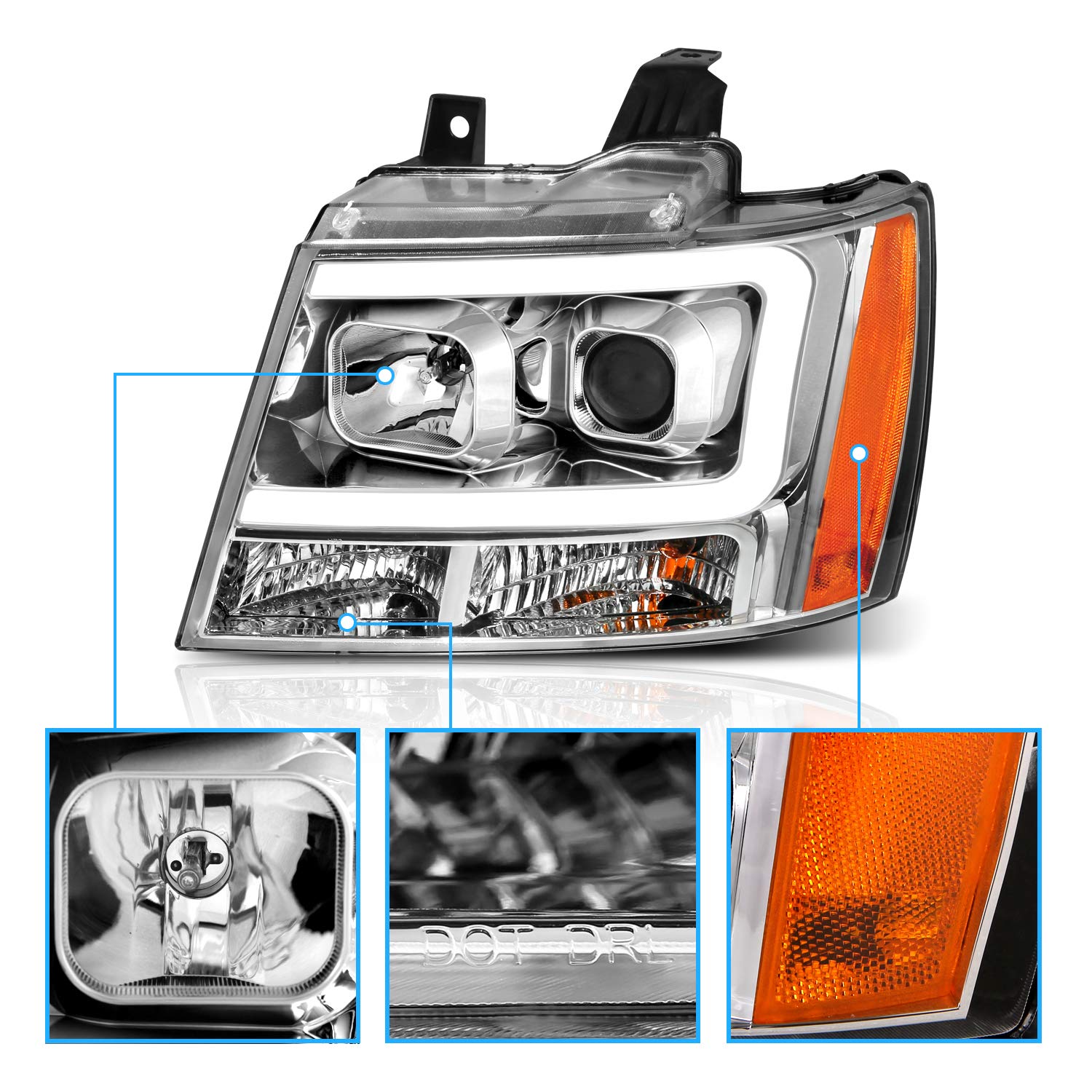 Amerilite For 2007-2013 Chevy Avalanche Suburban Tahoe Suv Super Bright Led Bar Projector Chrome Replacement Headlights Pair - L