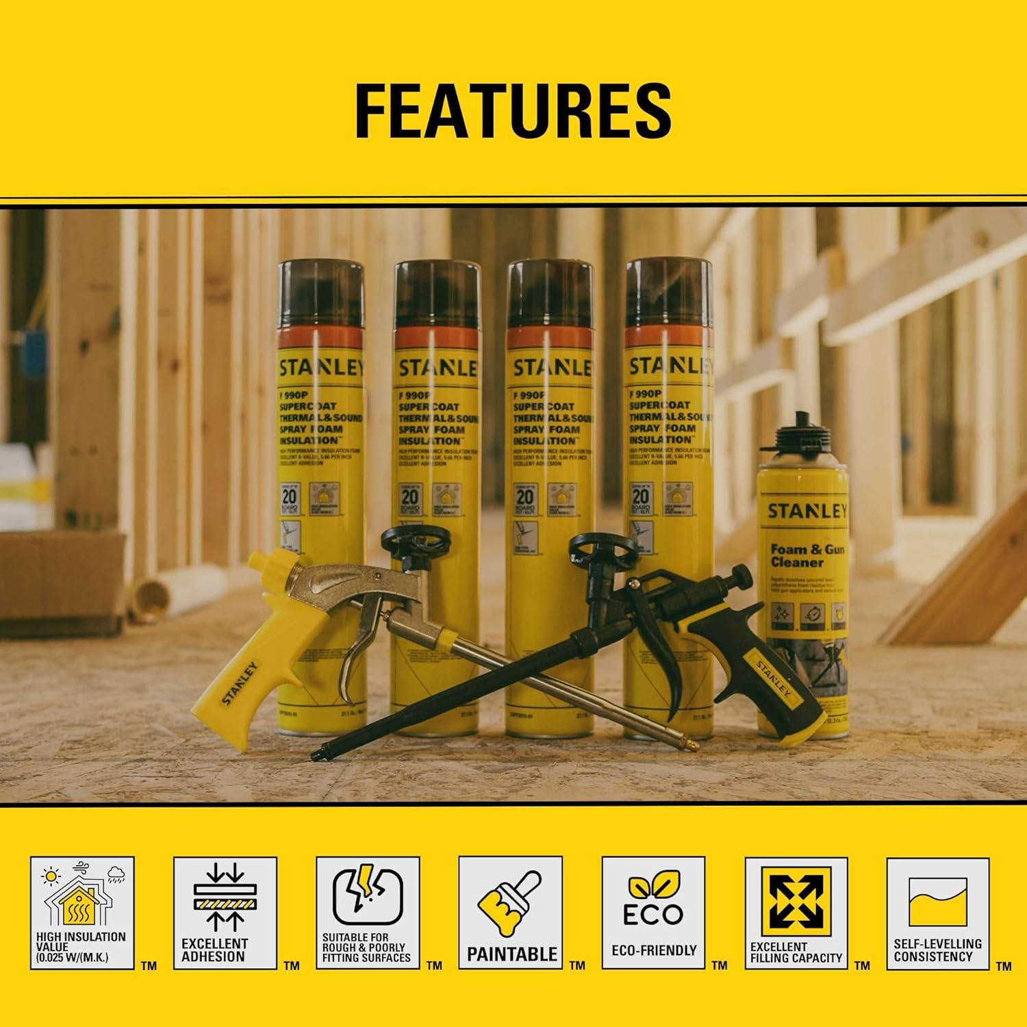STANLEY Supercoat Spray Foam Insulation Kit - Closed Cell Spray Foam Covers Up to 120 Sq.Ft. - Including Gun, Cleaner, Safety It