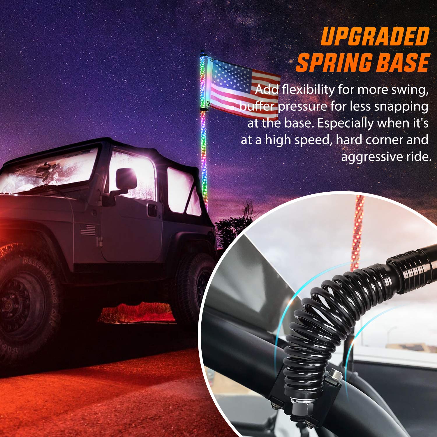 Nilight 1PC 3FT Spiral RGB Led Whip Light with Spring Base Chasing Light RF Remote Control Lighted Antenna Whips for Can-Am ATV