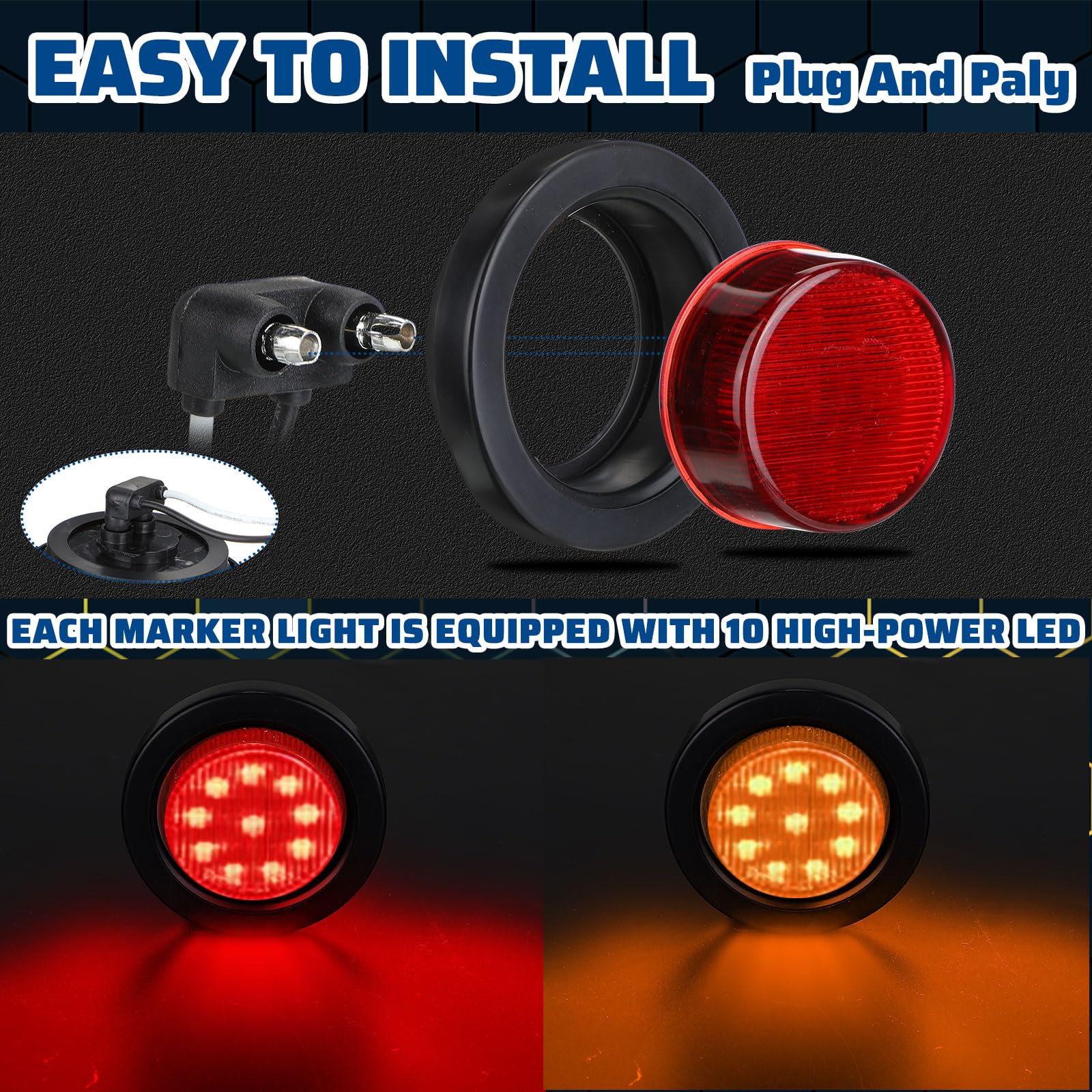Treela 16 Pcs 2 Inch Led Marker Lights Waterproof Sealed 10 Leds Round Trailer Light With Rubber Flush Mount Grommet 2 Prong Wir