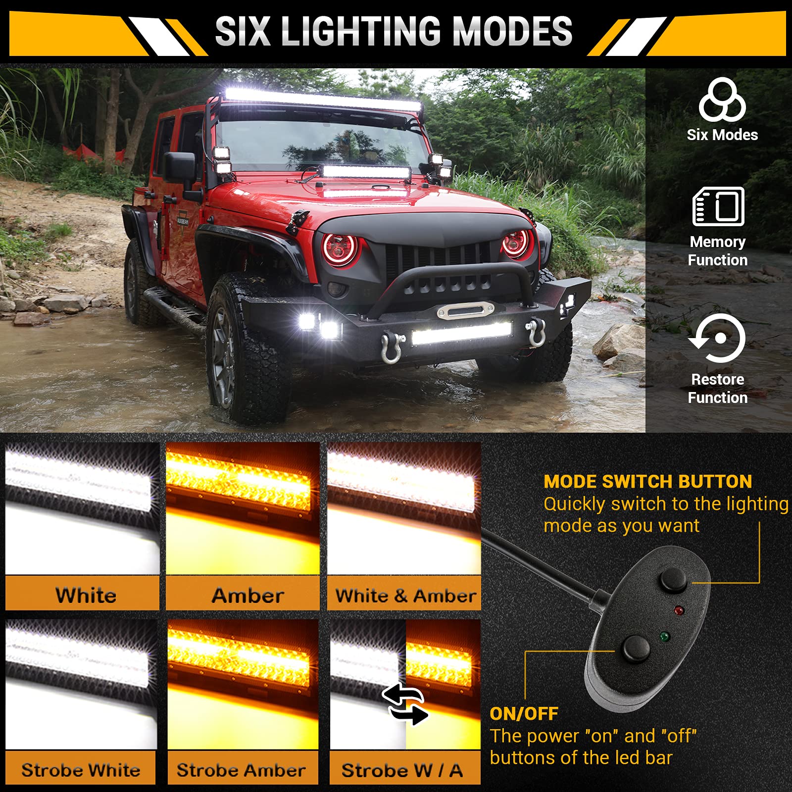 Auxbeam 20 Inch 420W With 2 Pcs 4 Inch 60W Led Light Bar, 6 Modes Amber White Strobe Light, Off-Road Driving Light Spot Flood Co