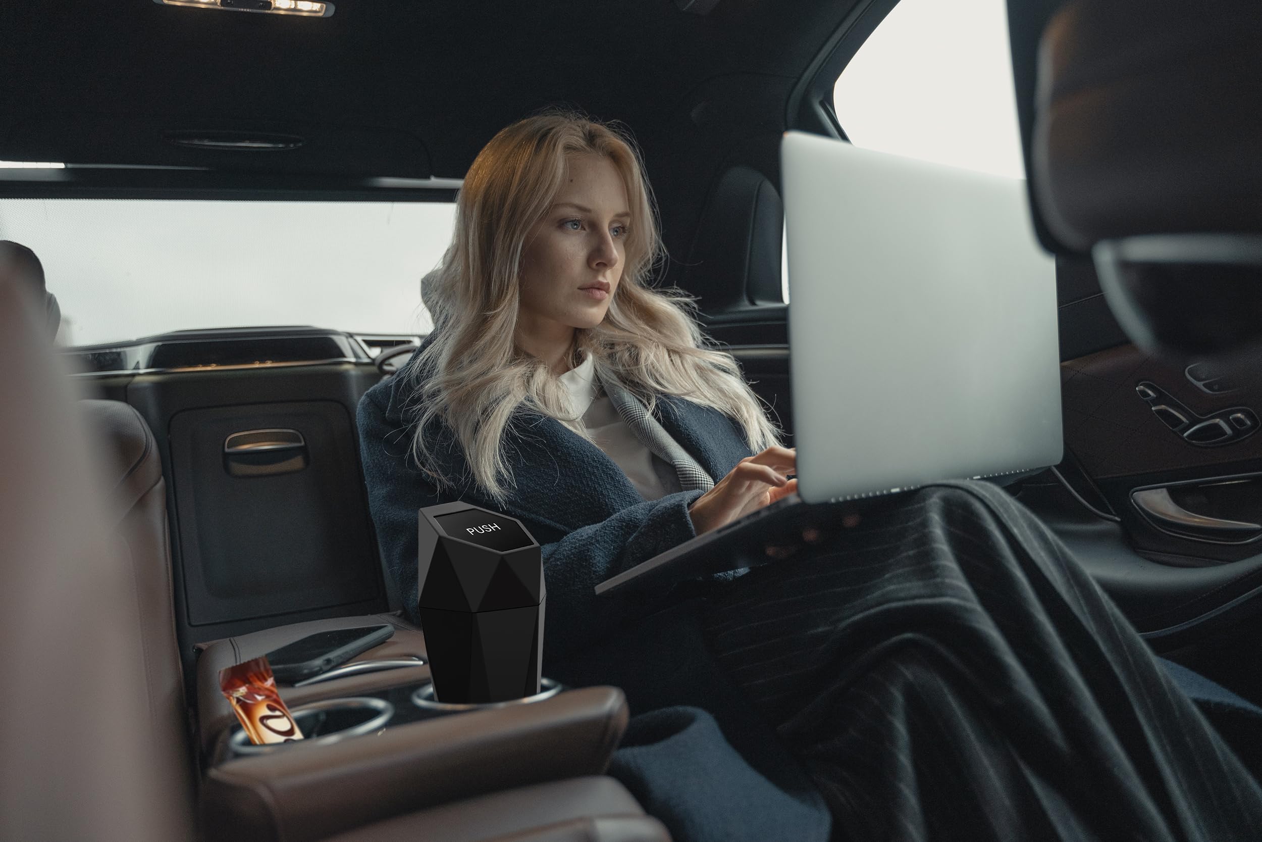 Ginsco Car Cup Holder Trash Can, Leakproof Mini Trash With Lid And 90 Bags, 2 Pack For Car And Home With 2 Abs Hooks, Black