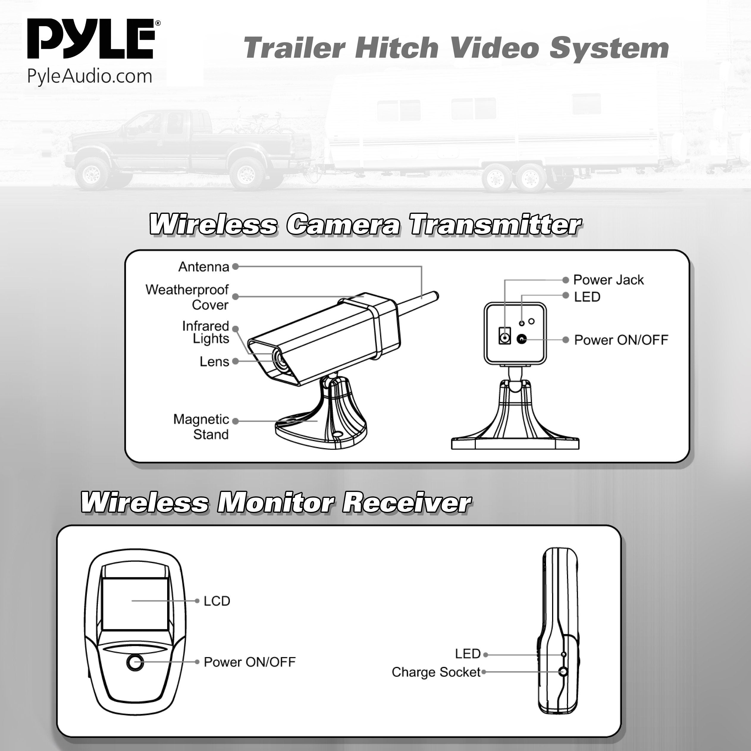 Pyle Waterproof Wireless Hd Backup Camera, Night Vision Illumination, Lcd Display Screen, With Built-In Rechargeable Battery, Bl