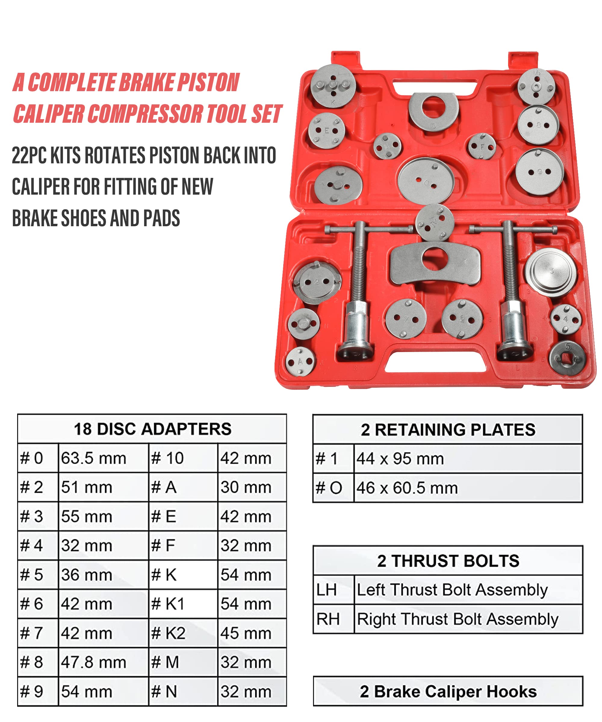 Yakefly 24Pieces Brake Caliper Tool,Universal Disc Brake Caliper Wind Back Tool And Piston Compression Sets,Heavy Duty Brake Caliper Compression Tool Caliper Piston Tool (Red)