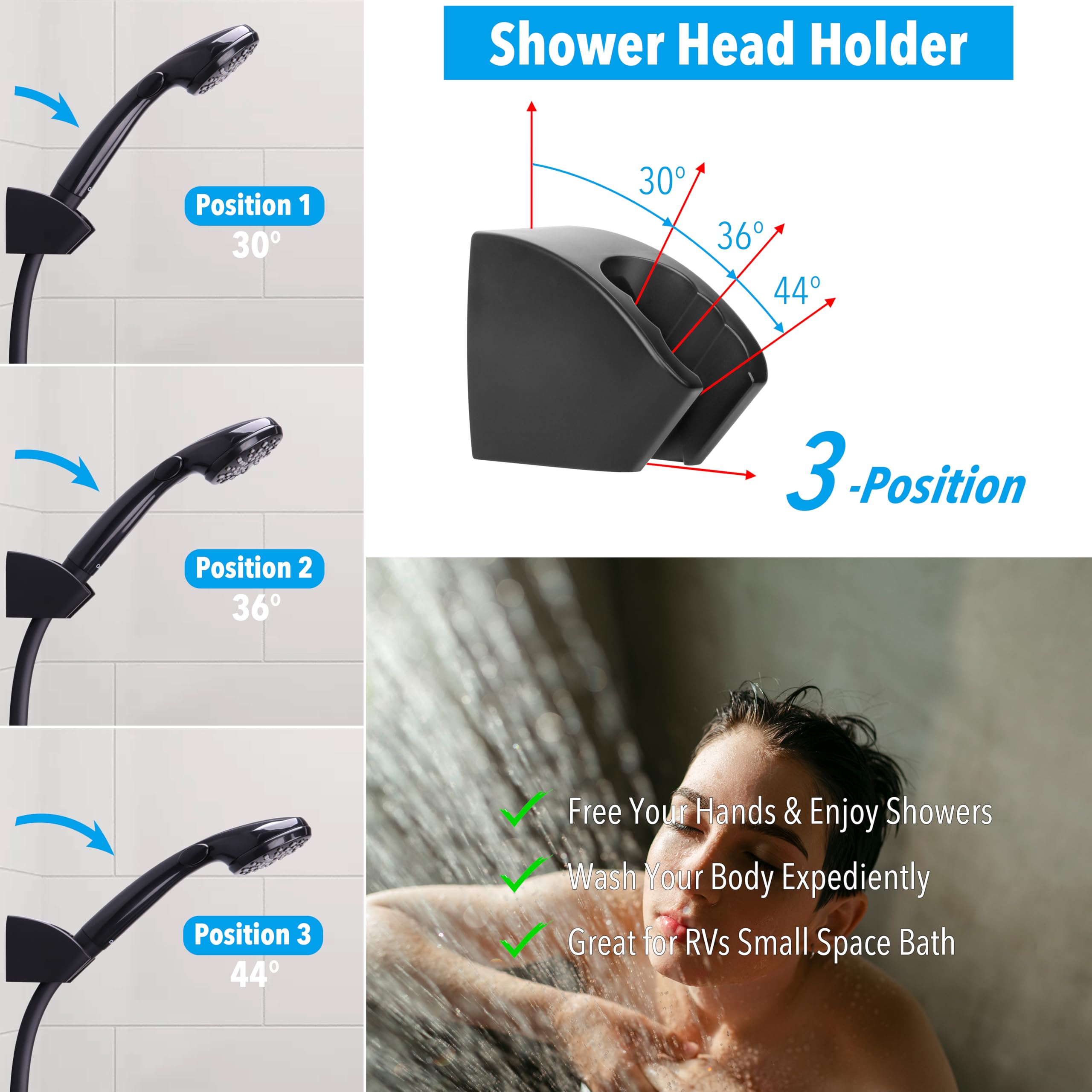 Rv Shower Head With Hose And On Off Switch (Trickle), Water Saving High Pressure Shower Head With Hose Guide Ring, Shower Holder For Rv, Camper, Van, Travel Trailer, Motorhome, Boat, Black