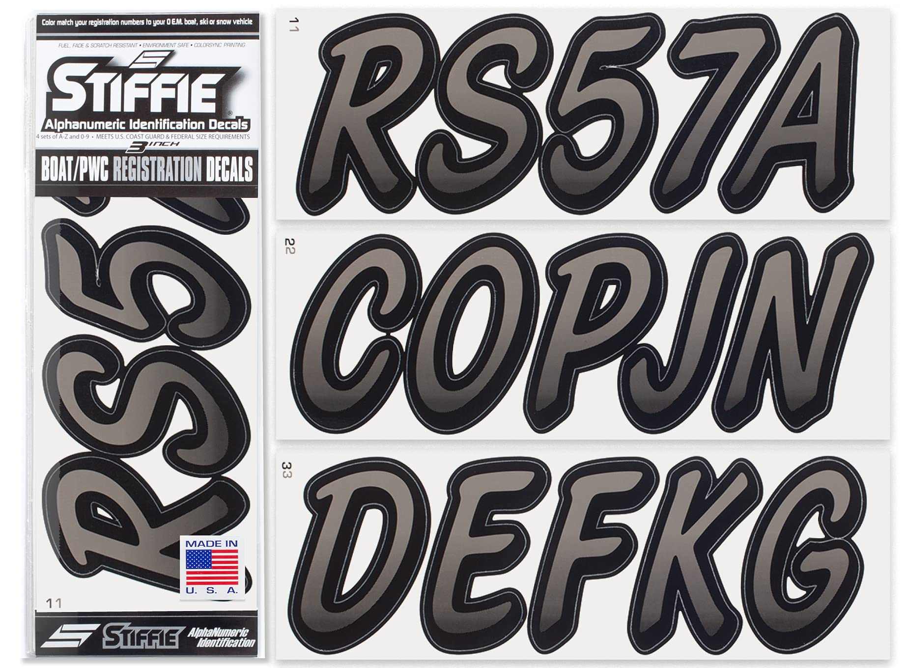 Stiffie Whipline Charcoal/Black 3 '' Boat & Pwc Registration Decals  Numbers Letters Stickers
