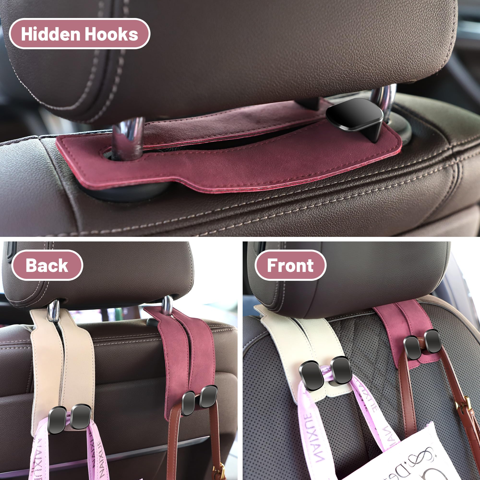 Amelity Headrest Hooks For Car, Car Seat Back Double Hook, Car Headrest Hooks For Purses And Bags, Car Seat Hooks (Red-2 Pack)