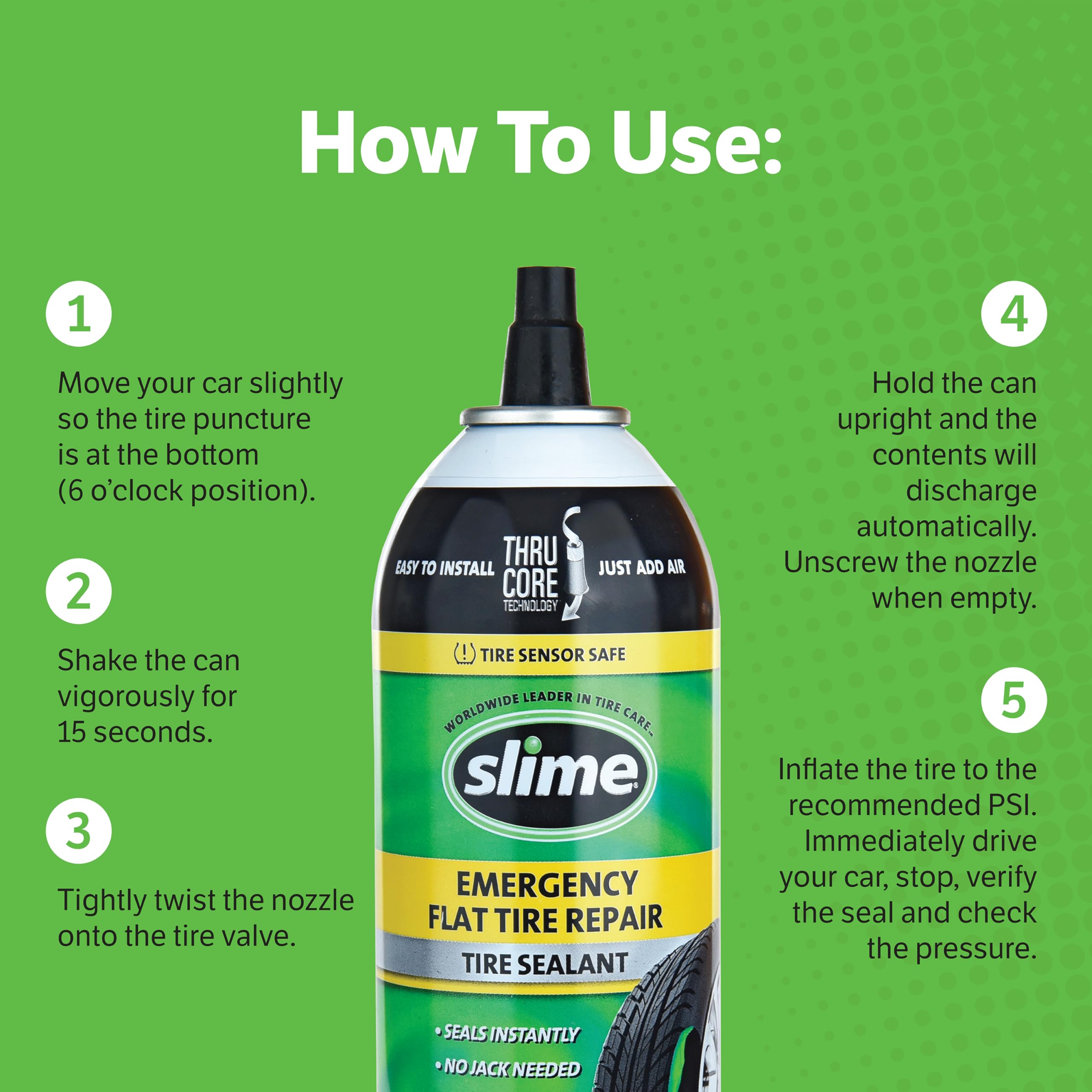 Slime 60186-6Pk Flat Tire Puncture Repair Sealant, Emergency Repair For Highway Vehicles, Suitable For Cars/Trailers, Non-Toxic,
