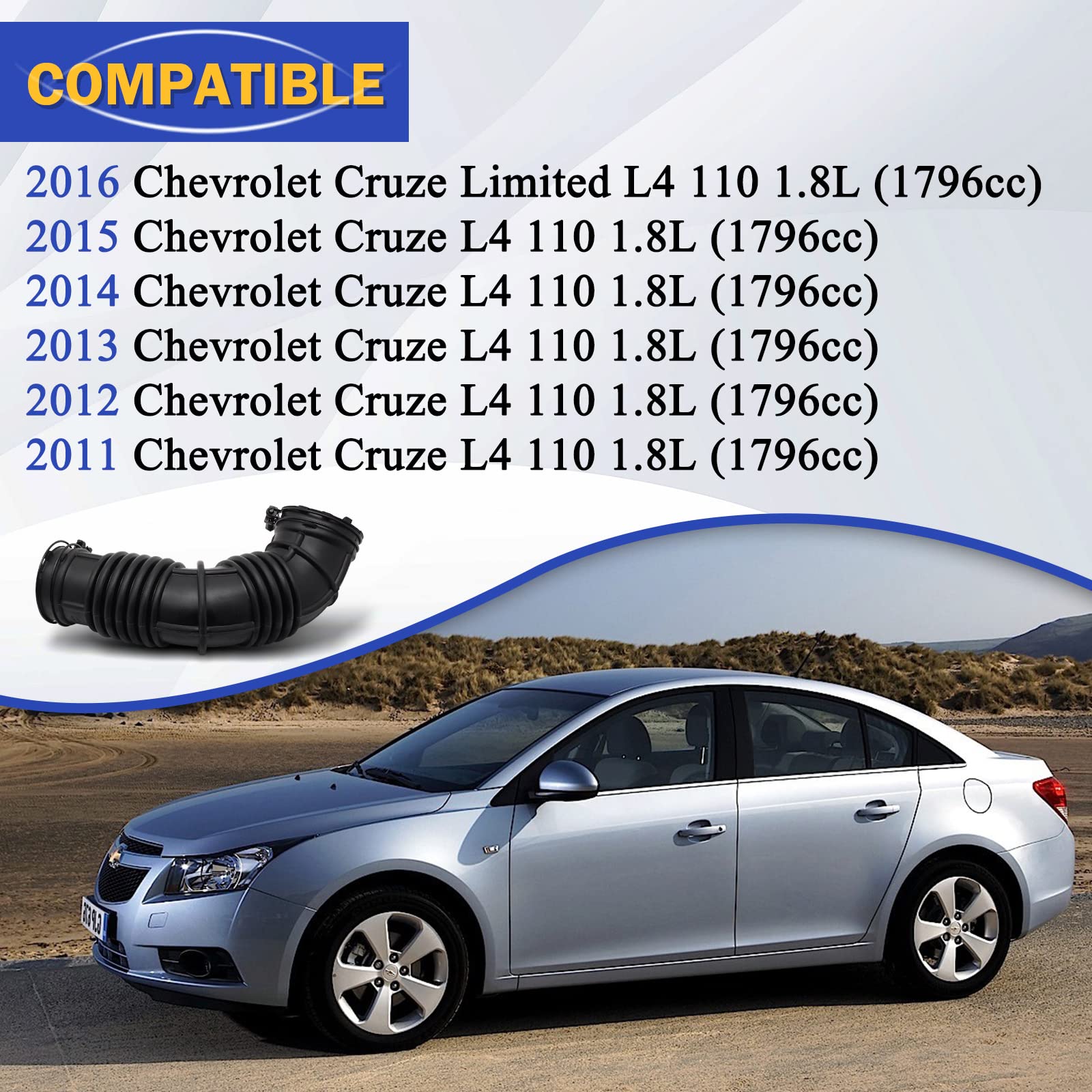 Air Cleaner Intake Hose Tube with Clamps for 2011-2016 Chevrolet Cruze L4 110 1.8L 13308302