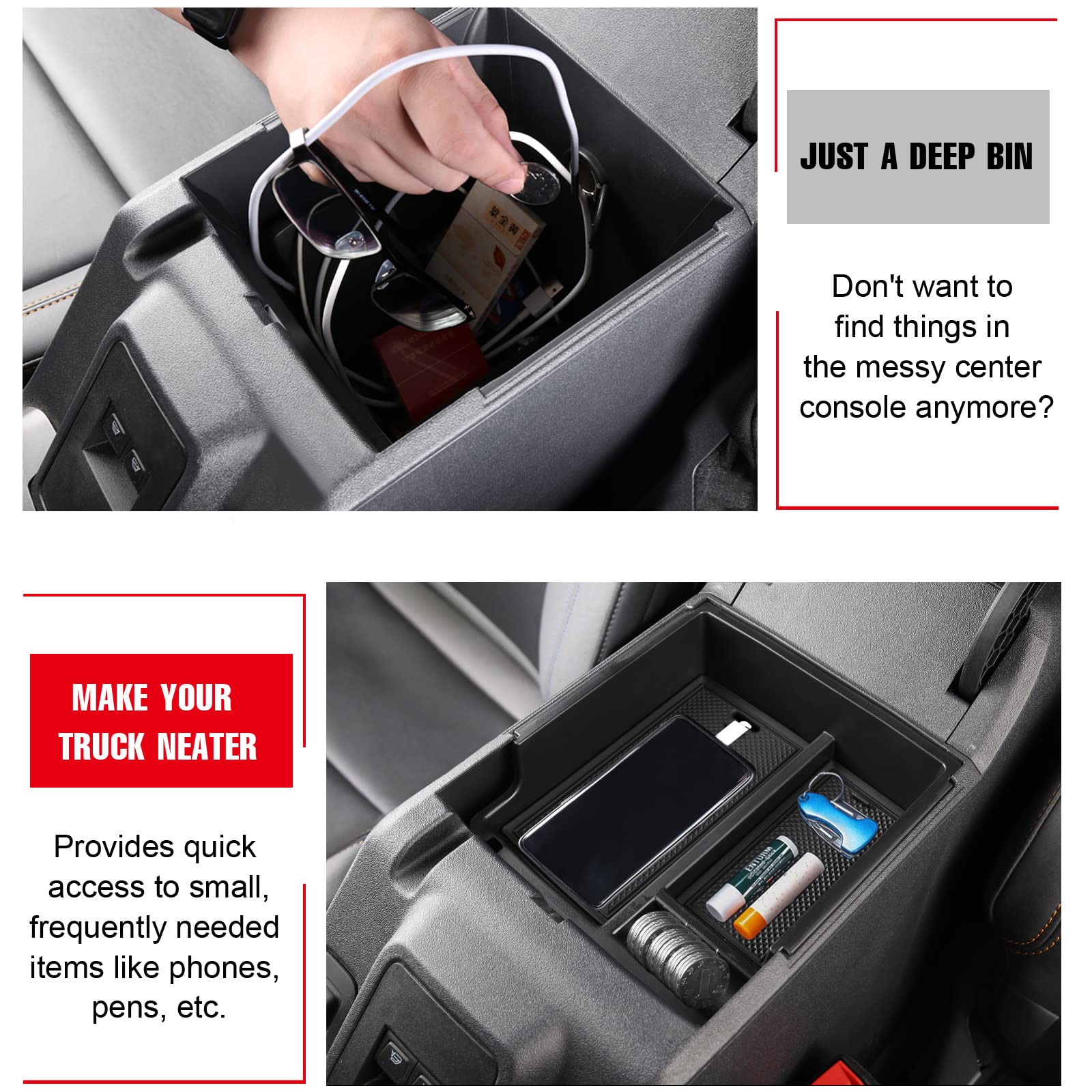 Mabett Center Console Organizer Compatible With Ford Bronco 2021 2022 2023 2024, Armrest Storage Box Fit Bronco Accessories 2/4-Door, Insert Upper Tray Black