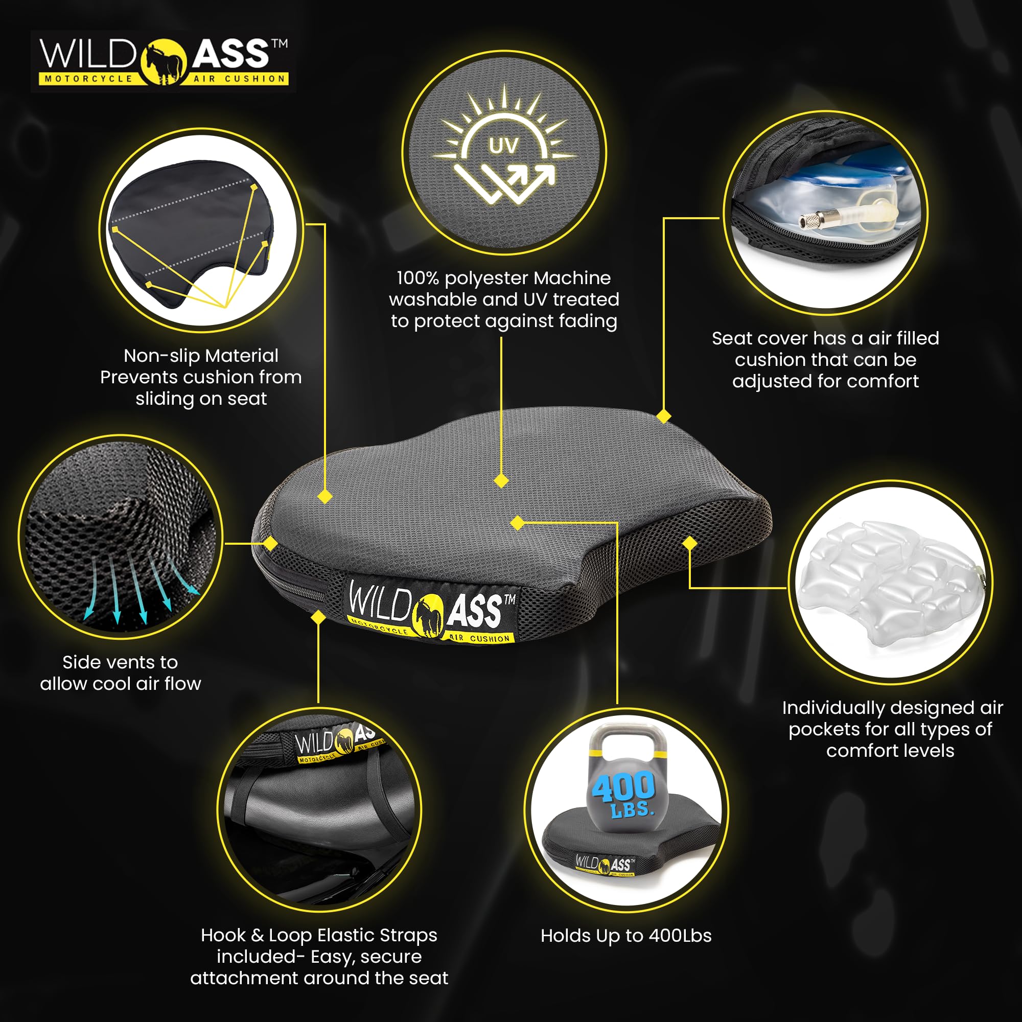 Wild Ass Motorcycle Air Gel Smart-Lite Pad - Ergonomic Universal Fitting Air Adjusting Cushion with Straps - Ultimate Rider Comf