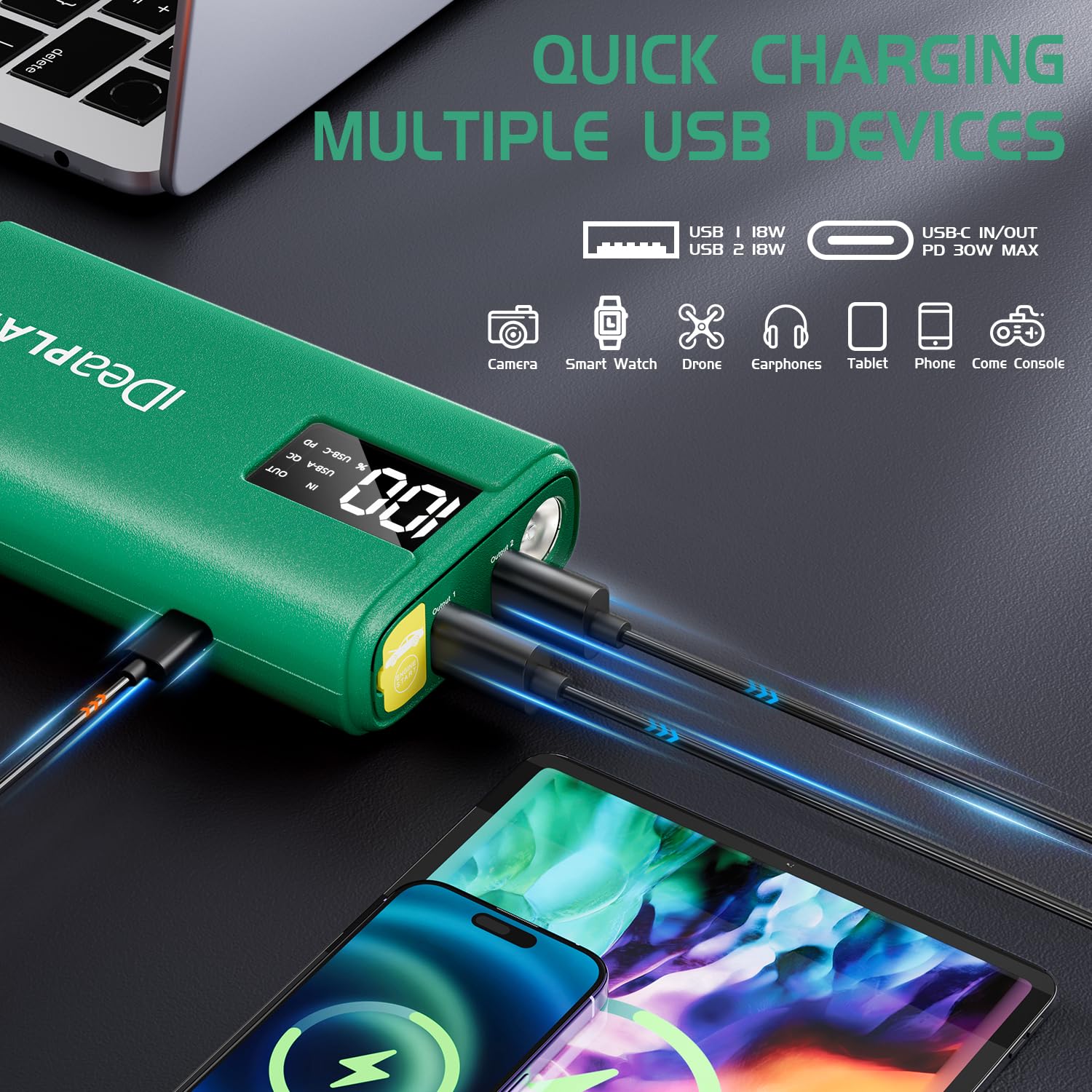 IDEAPLAY J10 2000A Jump Starter, 12V Portable Battery for 8.0L Gas & 7.0L Diesel, Fast Charging, LED Flashlight, Green