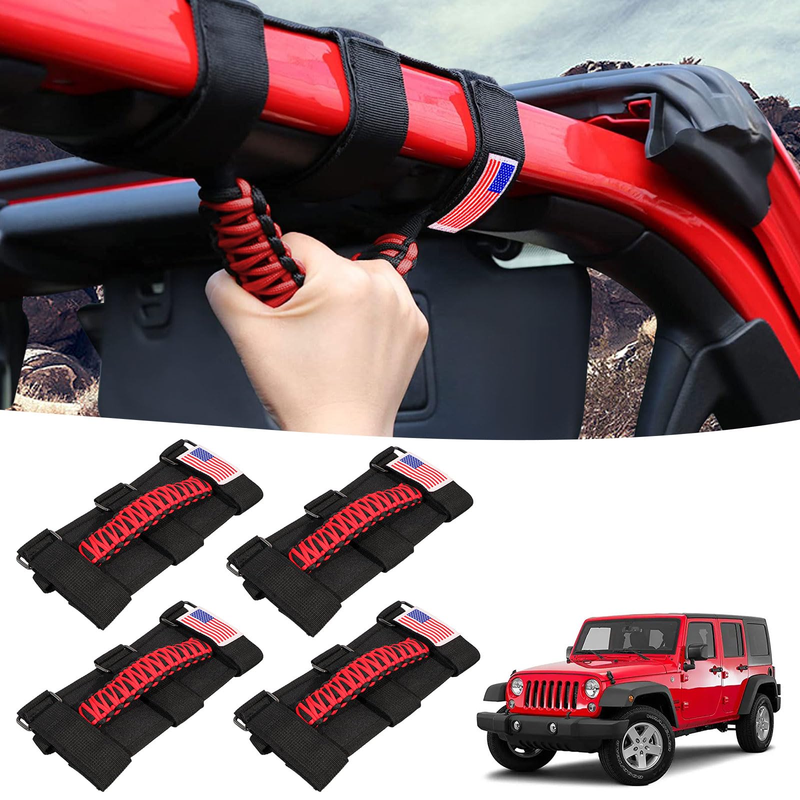 Gaizon 4 Pack Grab Handles Roll Bar Paracord Handgrip Handles with America Flag Pattern Replacement for Jeep Wrangler YJ TJ JK J