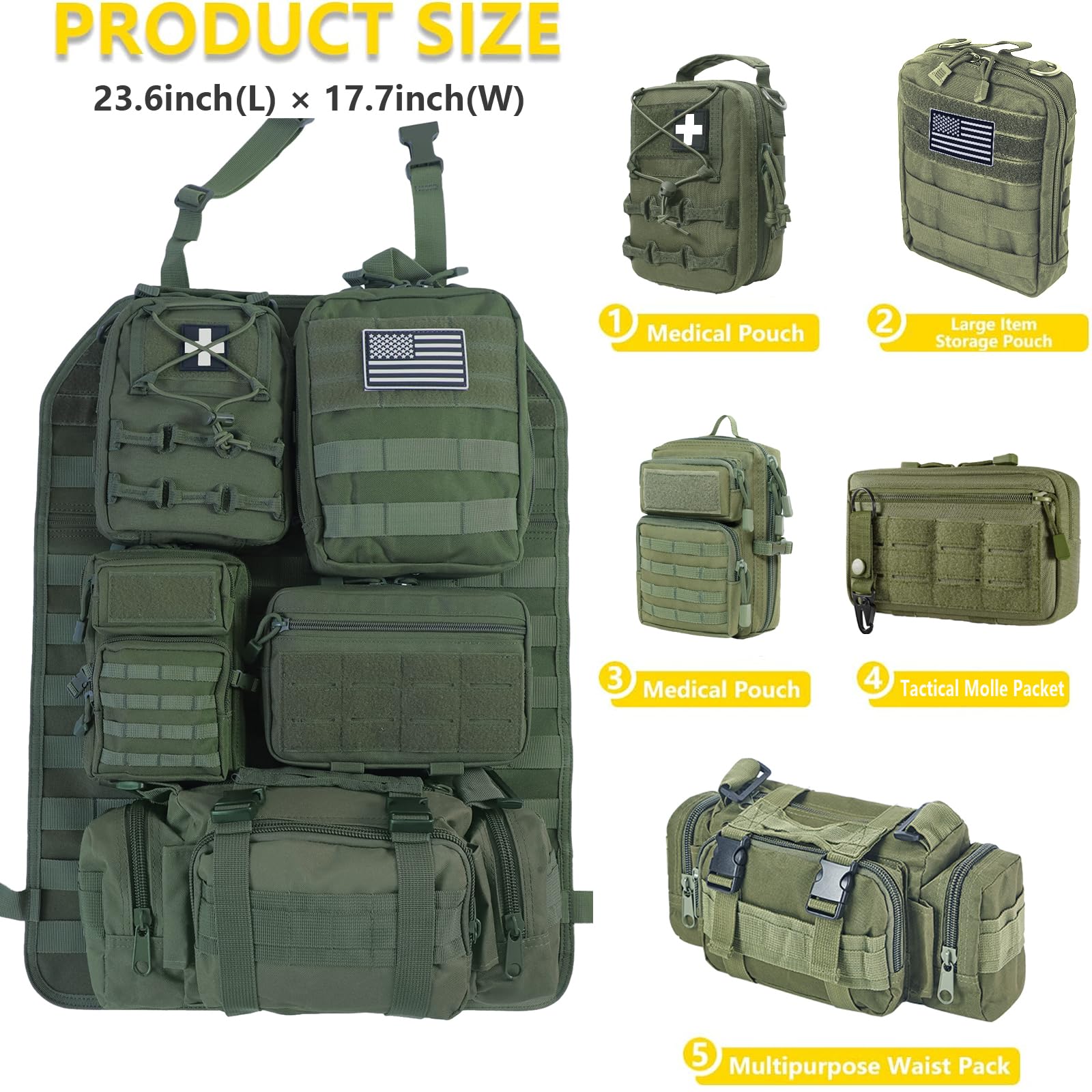 Universal Tactical Seat Back Organizer Vehicle Molle Panel Organizer Storage Bag with 5 Detachable Molle Pouch for All Vehicel S