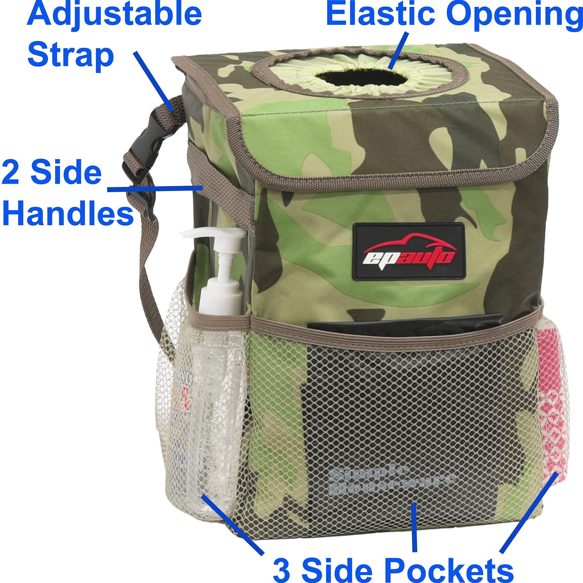Epauto Waterproof Car Trash Can With Lid And Pockets, Camouflage Green