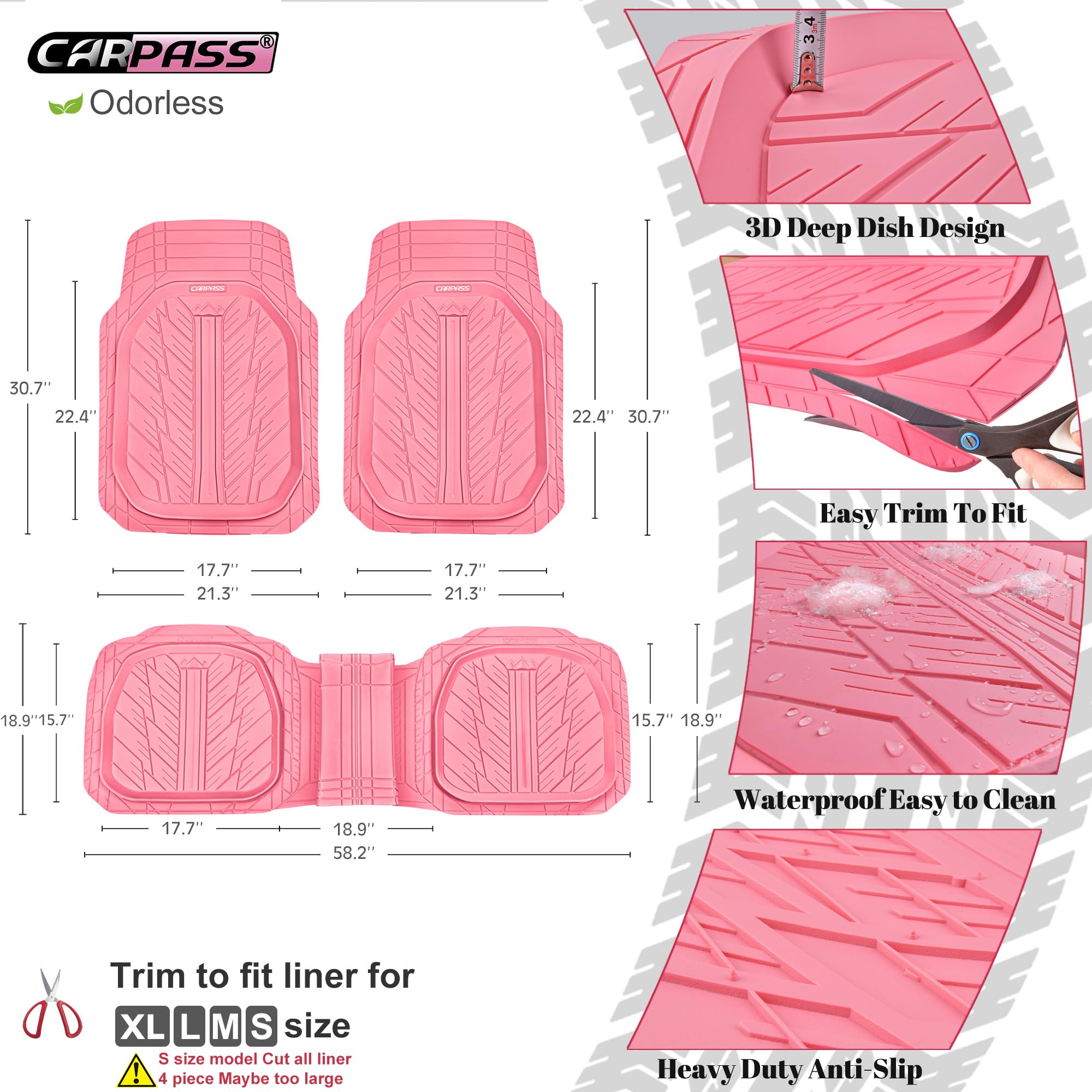Car Pass Deepdish Pink Floor Mats For Cars Full Set,Heavy Duty Rubber Car Mats 3-Piece,Universal Waterproof Trim-To Fit Automoti