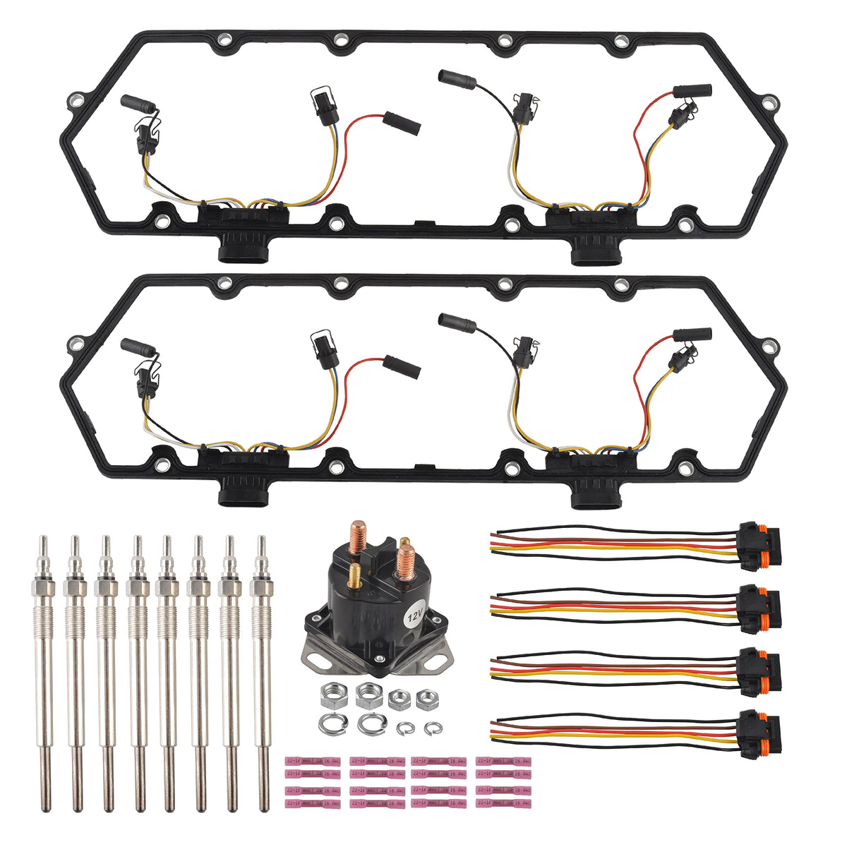 FGJQEFG Injector Glow Plug Harnesses + Valve Cover Gaskets + Relay Solenoid Compatible with 94-97 7.3L Ford F250 E350 Powerstrok