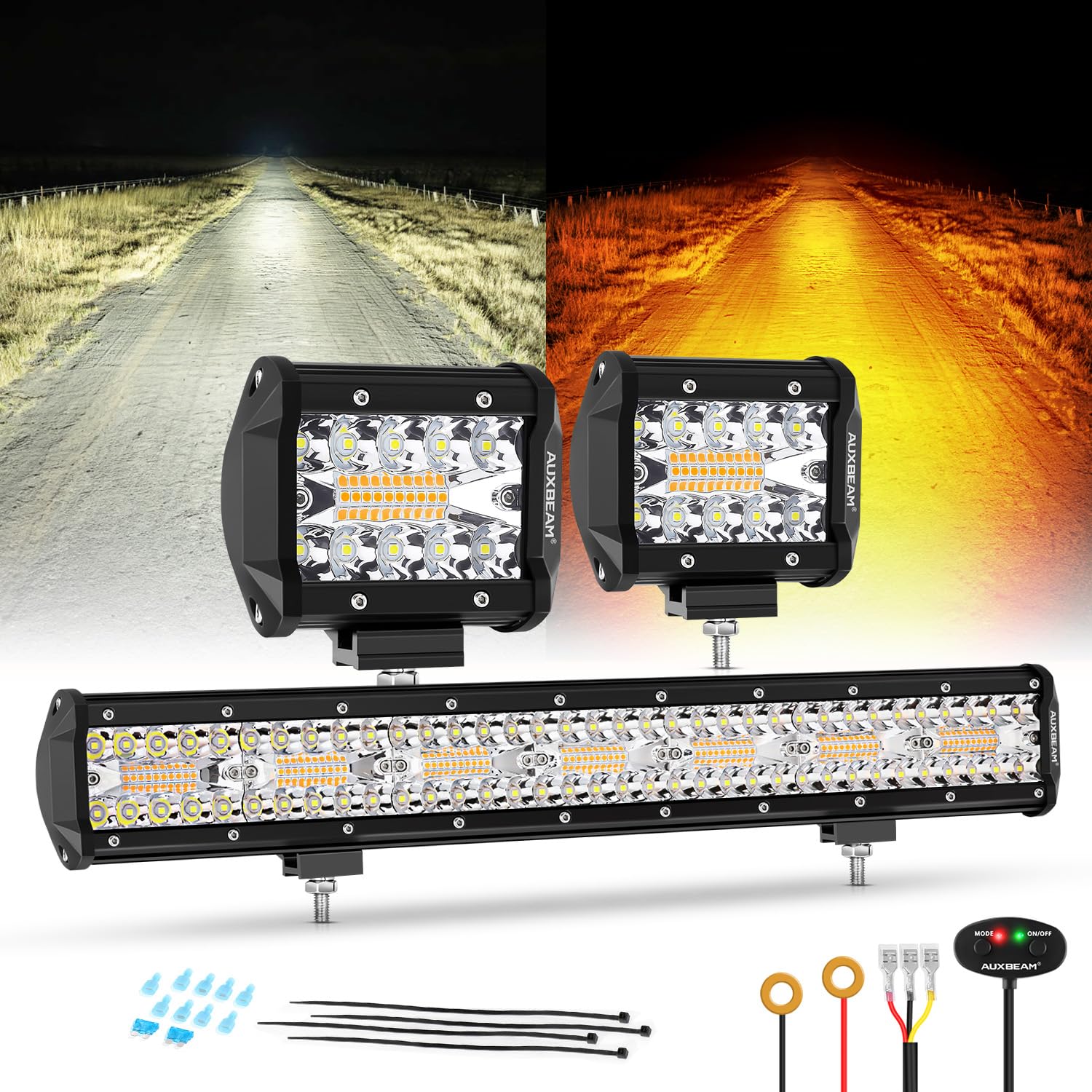 Auxbeam 6 Modes Amber White Series, 4'' Led Pods With 20'' Led Light Bar Combo Set, Dual Color Strobe Flash/Warning/Signal Spot