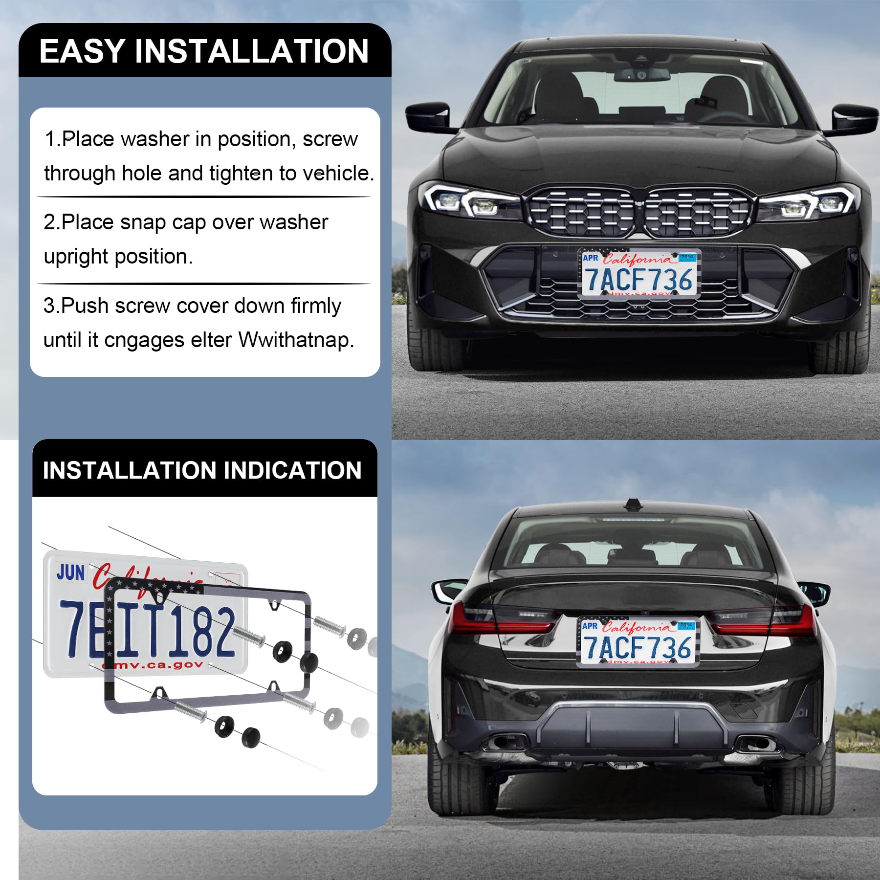 Livtee American Flag License Plate Frames, 4 Holes Stainless Steel License Plate Covers, 2Pcs Car License Plate Holder, Automoti