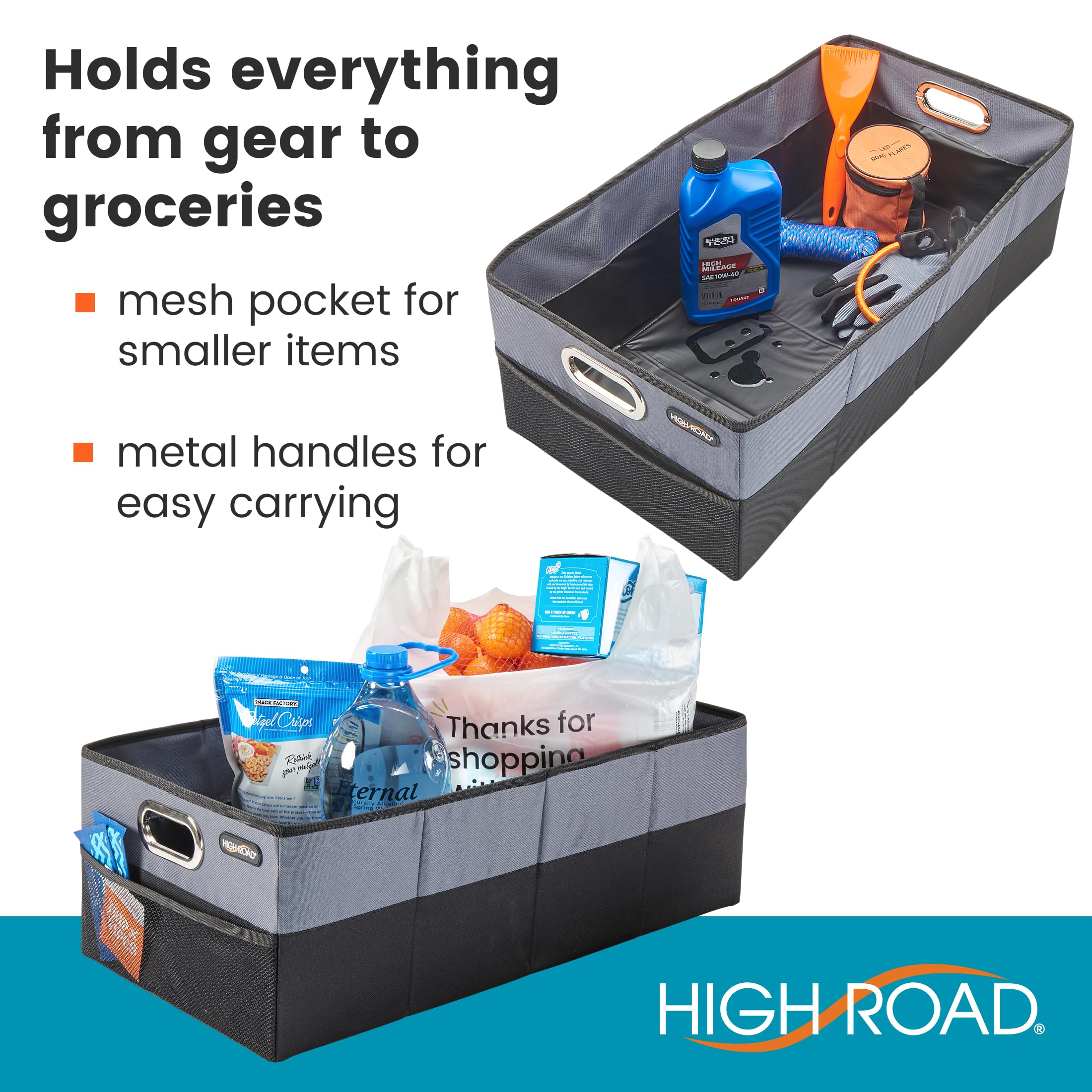 High Road Cargocube Car Storage Bin - Leakproof Car Trunk Storage Organizer With Metal Handles And Front Mesh Pocket, 12X24 Inch