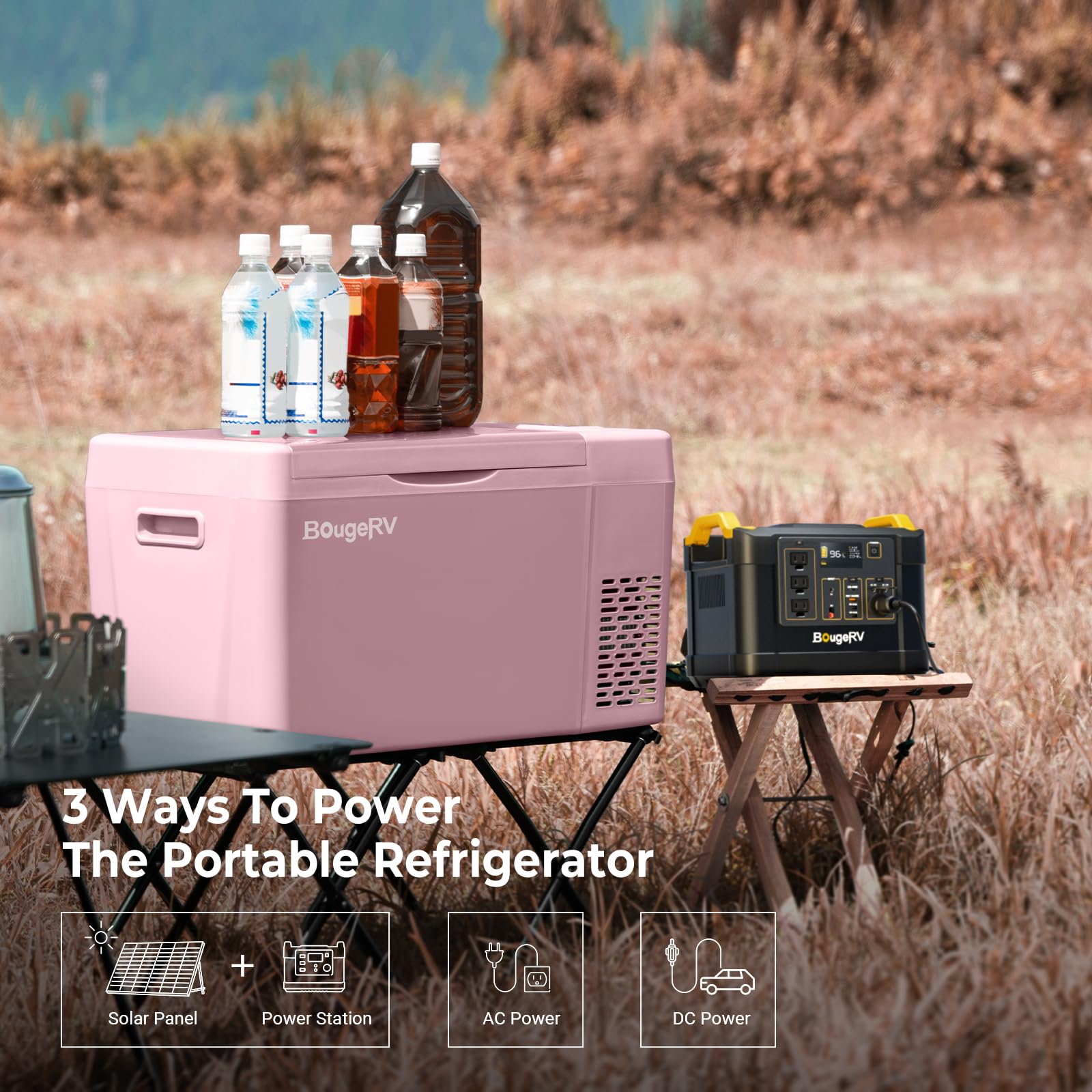 Bougerv Pink 23Quart Portable Refrigerator, 12 Volt Fridge 22L, Portable Freezer Compressor Cooler 12/24V Dc 110~240 Volt Ac For