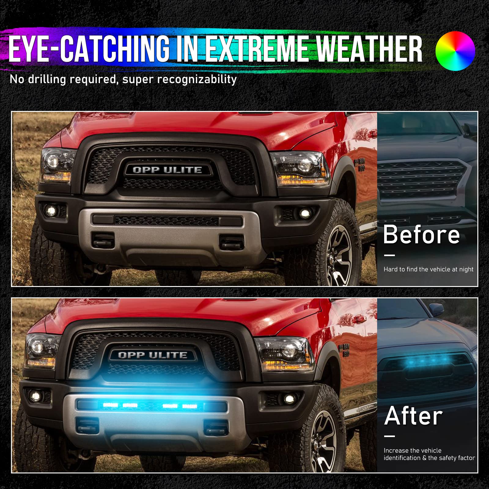 Opp Ulite Led Grille Lights For Trucks - Rgb Color - 4 Pods Front Grill Light - Smartphone App Control/Music/Timing/Flashing Str