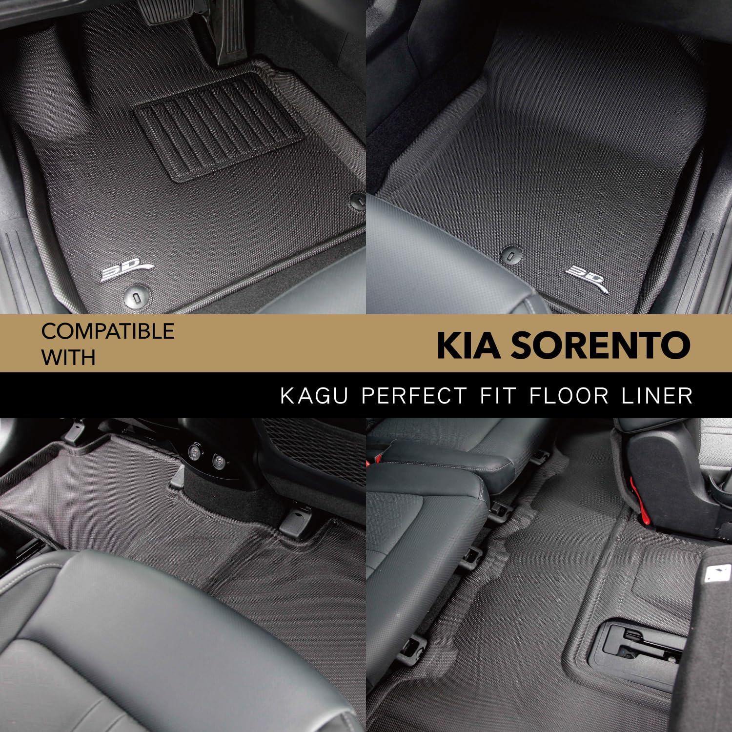 3D Maxpider All-Weather Floor Mats For Kia Sorento 6-Seater 2021-2022 Custom Fit Car Floor Liners, Kagu Series (1St, 2Nd & 3Rd Row, Black)