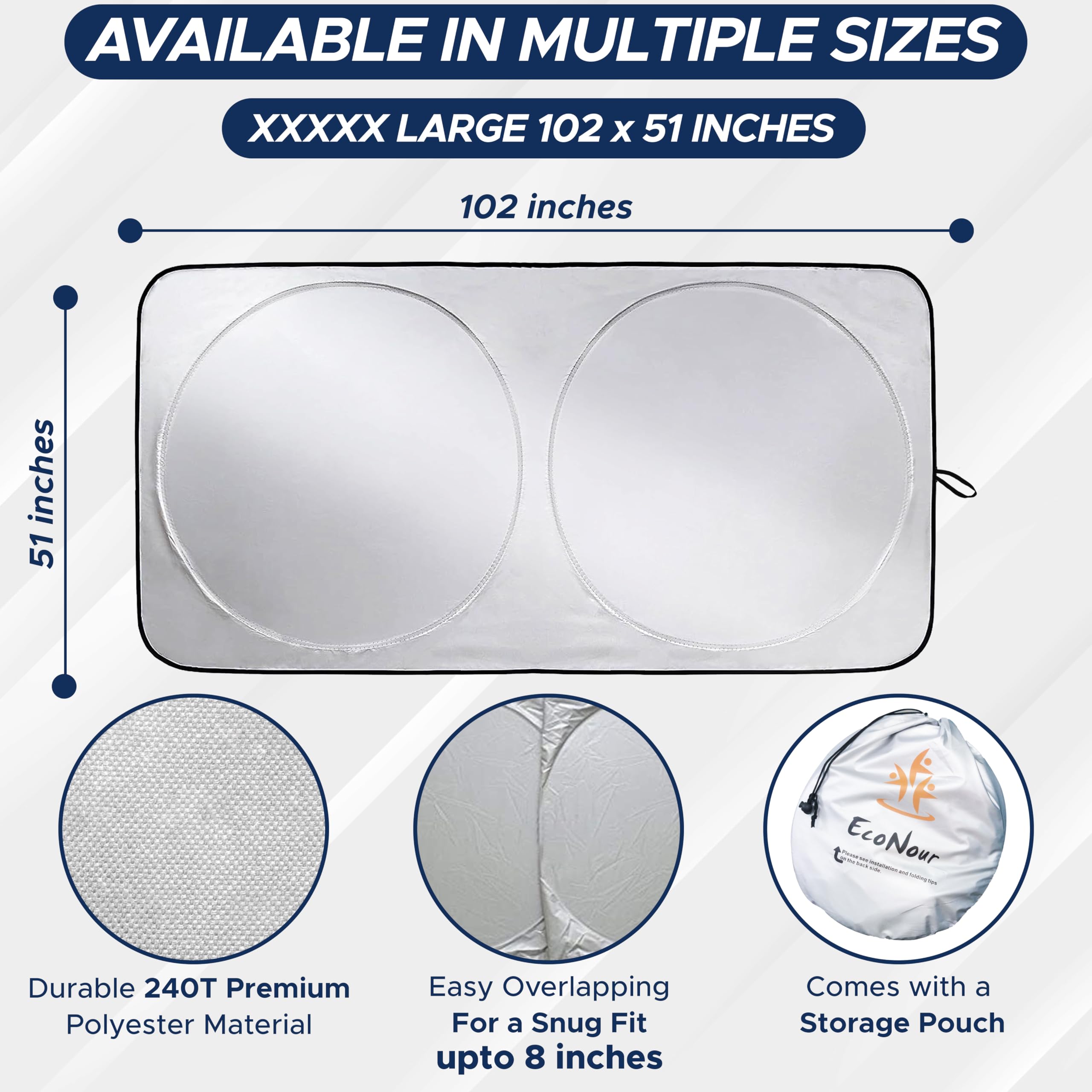 EcoNour RV Windshield Sunshade - Reflective UV & Heat Protection Cover, XXXL 102x51 inches, Grey Polyester for RVs, Trucks, Buses