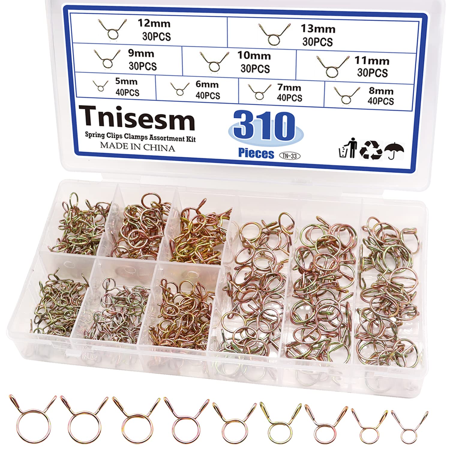 Tnisesm 310Pcs 5-13mm 9 Size Spring Clips Clamps Assortment Kit, Fuel Line Hose Tubing Spring Clips Clamps for Motorcycle Scoote