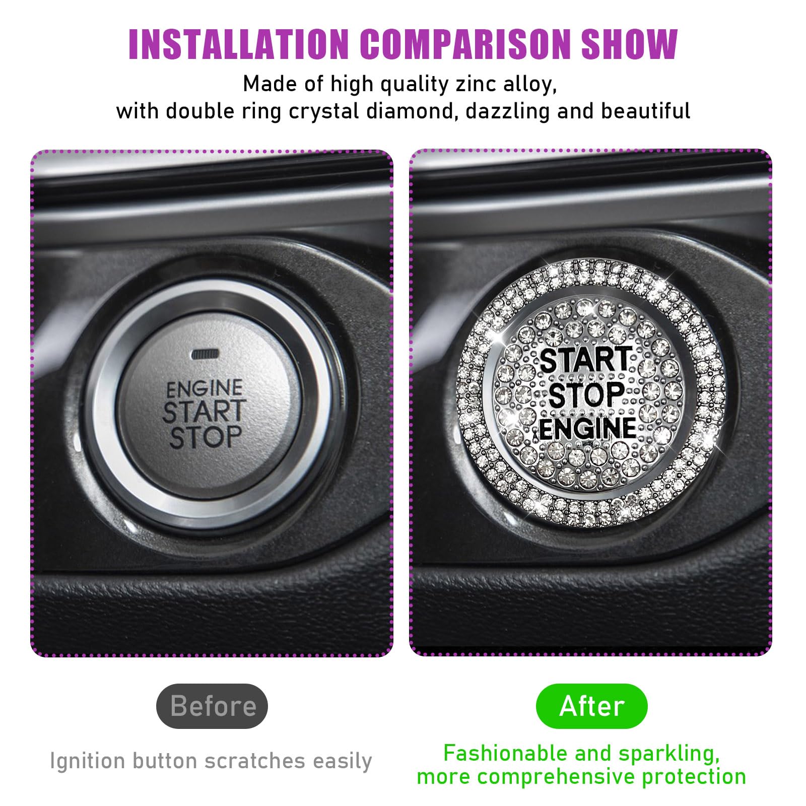 Sylvil Bling Car Push Start Button Sticker, Sparkling Rhinestones Fully Protect Button Decorative Cover, Anti-Scratch Key Ignition & Knob Bling Ring, Car Accessories For Women (White)