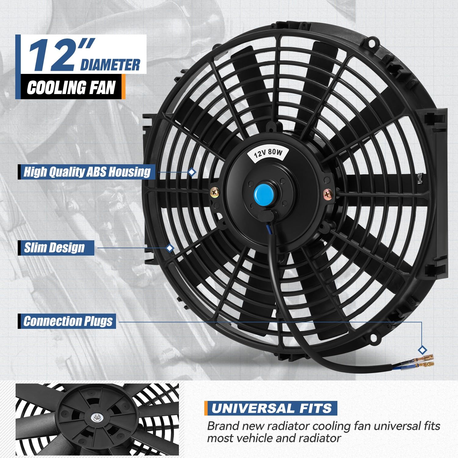 Auto Dynasty Universal 12 Inches High Performance Electric Slim Radiator Cooling Fan With Mounting Kit, (Pack Of 2) 12V, Black
