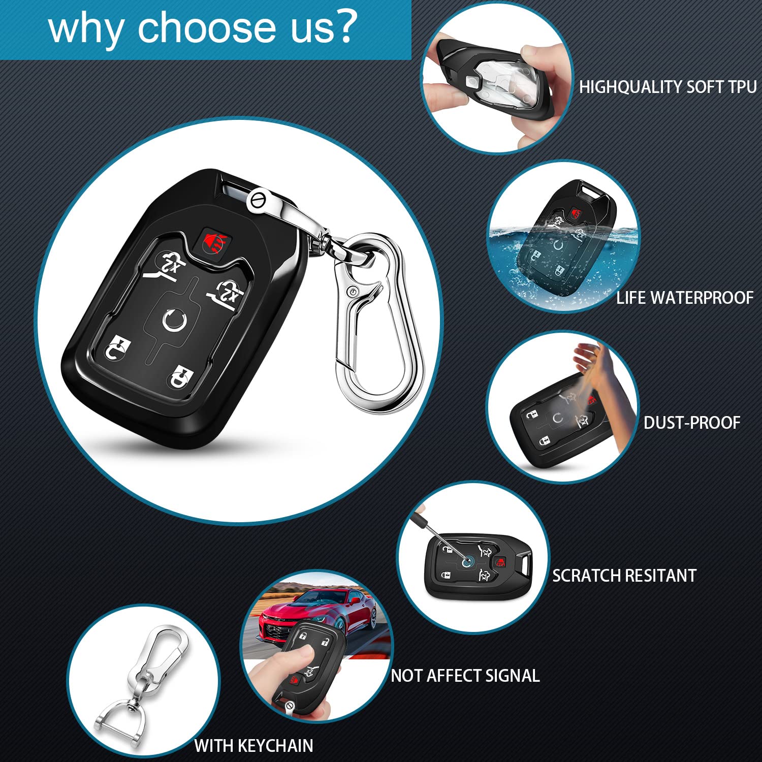 Qbuc For Gmc Key Fob Cover Tpu Protector Case With Keychain For 2019-2021 Chevrolet Chevy Silverado And Gmc Sierra 1500 2500Hd 3500Hd Terrain Acadia Yukon Key Cover Smart Remote 3/4/5/6 Button(Black)