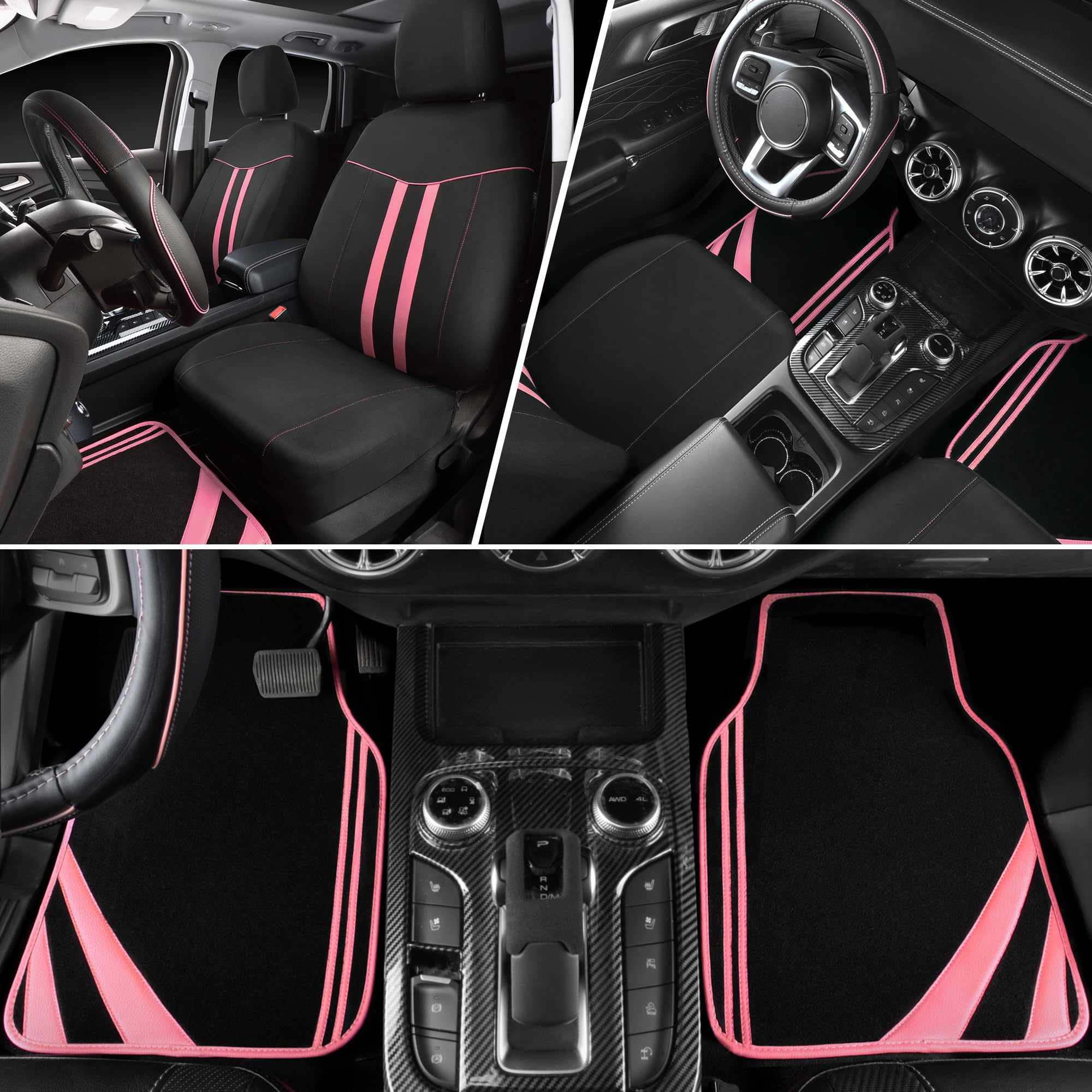 Car Pass Car Seat Covers Full Set For Women Girls With Waterproof Car Floor Mats,Anti-Slip Leather Steering Wheel Cover,Universa