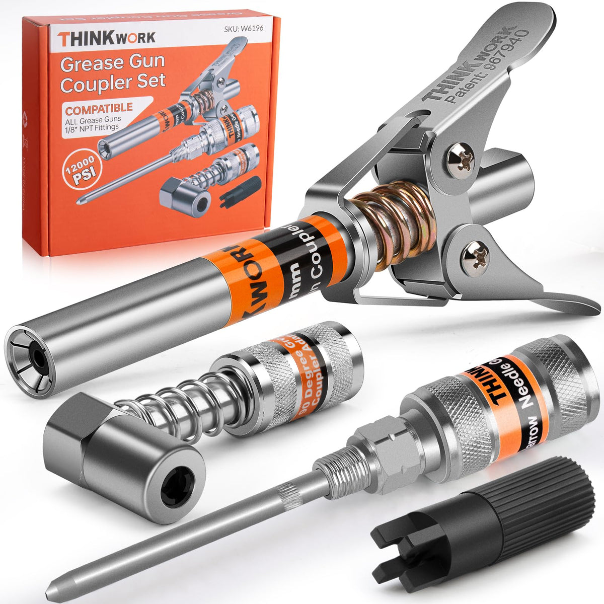 Thinkwork Grease Gun Coupler Set, Double Handle Extra Reach Strong Lock On Greases Gun Couplers With 90Grease Coupler Adaptor, 1