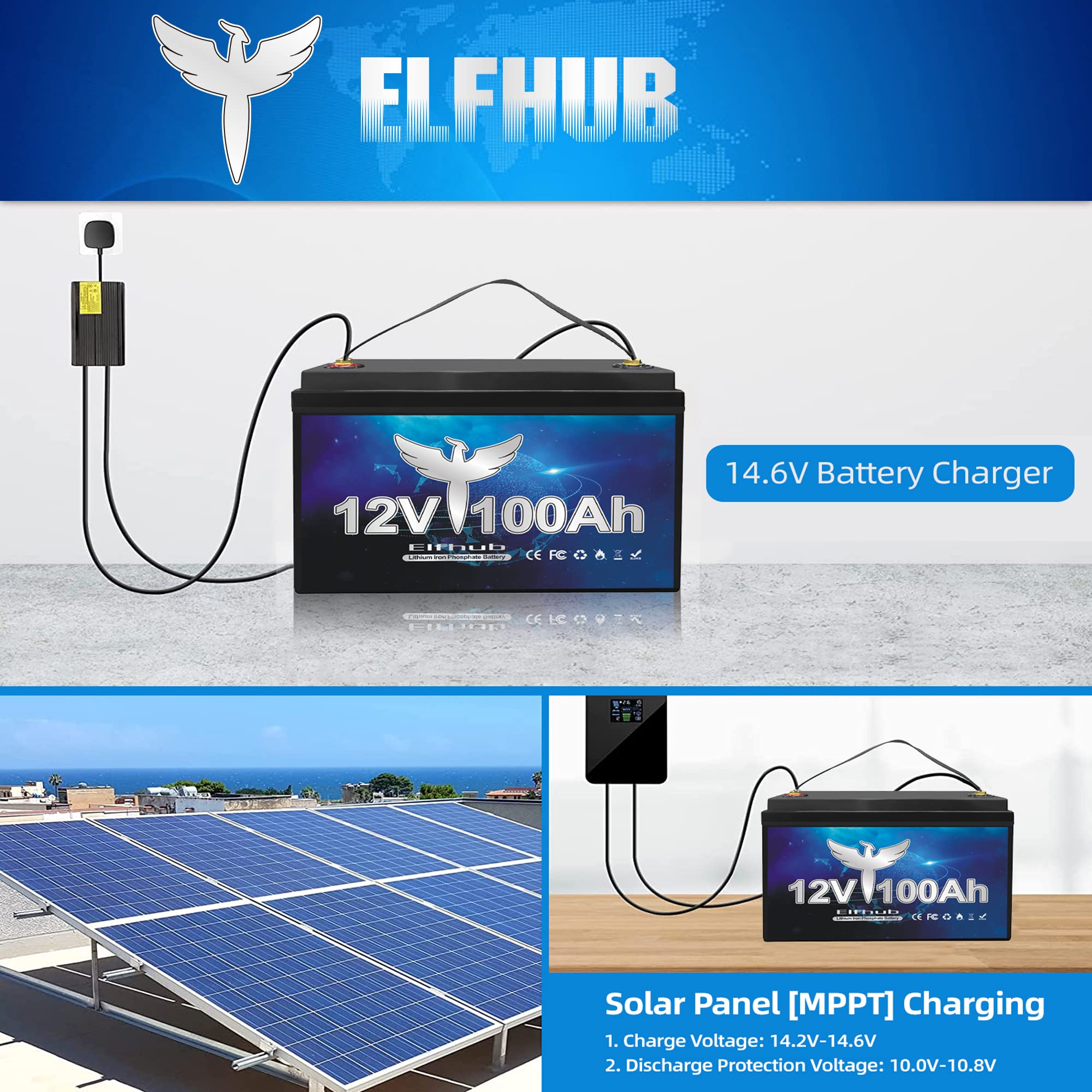 Elfhub 12V 100Ah Lifepo4 Lithium Battery, Upgraded 100A Bms, 10-Year Lifespan With Up To 15000 Cycles, Max. 1280Wh Energy,Perfect For Rv, Solar, Trolling Motor