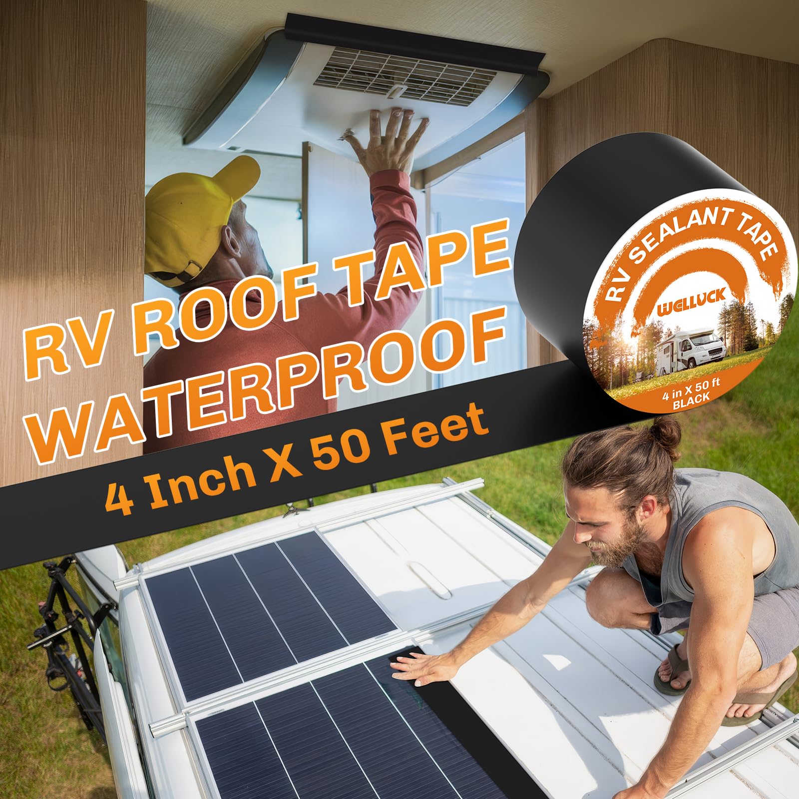 Welluck Butyl Sealant Tape, 4 Inch X 50 Foot Rv Roof Tape Sealant Roofing Tape Black, Waterproof &Uv Rv Tape For Roof Camper Tra