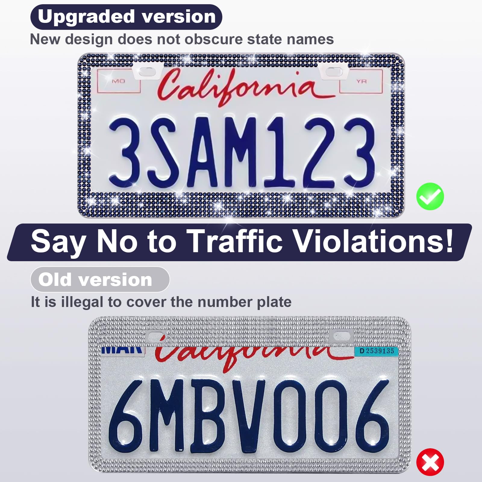 Quanqiufei 2 Pack Bling License Plate Frames For Women, Sparkly Rhinestone Diamond Car Accessories With Glitter Crystal Caps (Na