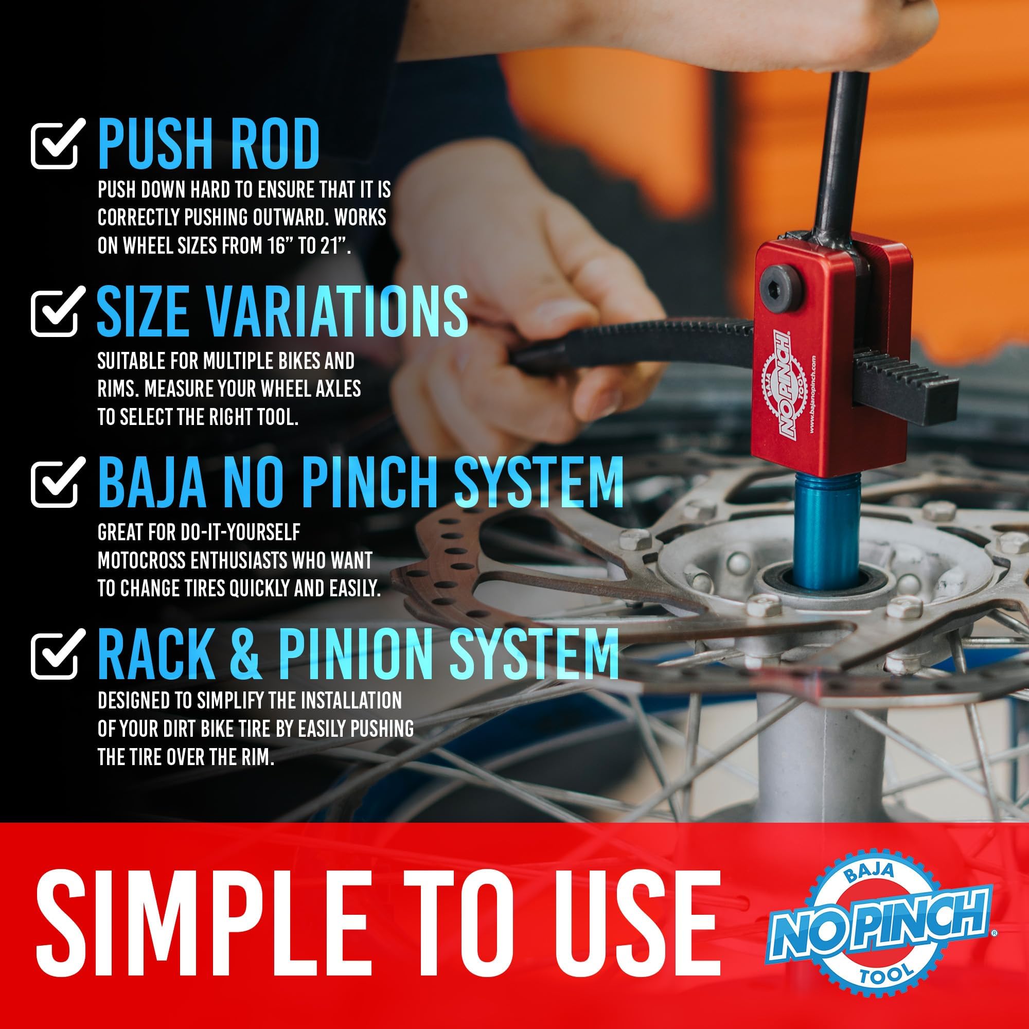 Baja No Pinch Ultimate Kit - Dirt Bike Tire Changing Tools For Enduro And Motocross - Compact Dirt Bike Tire Changer For 16 To 21 Wheels - Ideal For Quick And Easy Mount - 15 Mm To 25 Mm Axles
