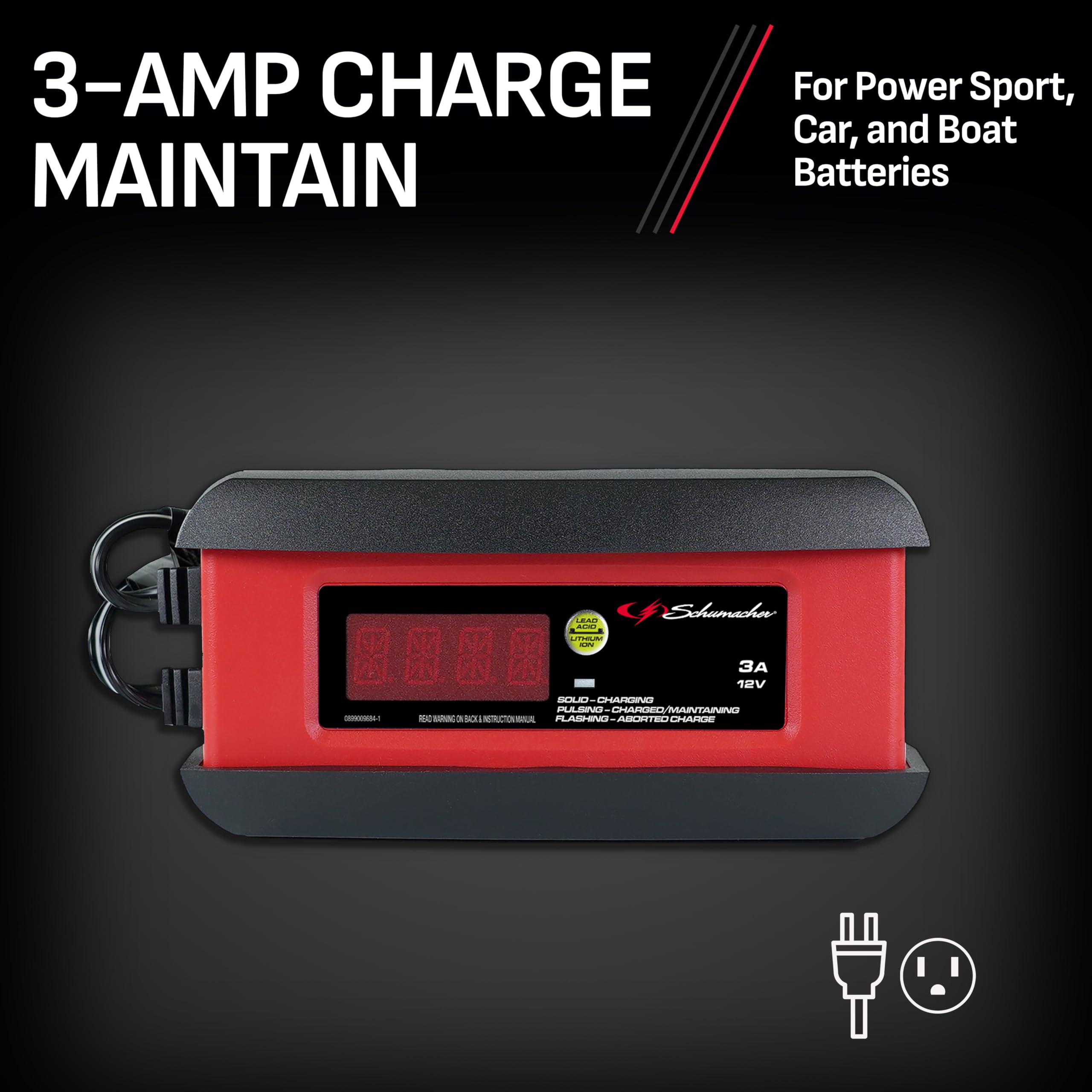Schumacher Electric 3-in-1 Battery Charger, Maintainer, and Auto Desulfator, SP1297 Fully Automatic - 3 Amp, 12 Volt - For Cars, Motorcycles, Lawn Tractors, Power Sports, Marine Batteries