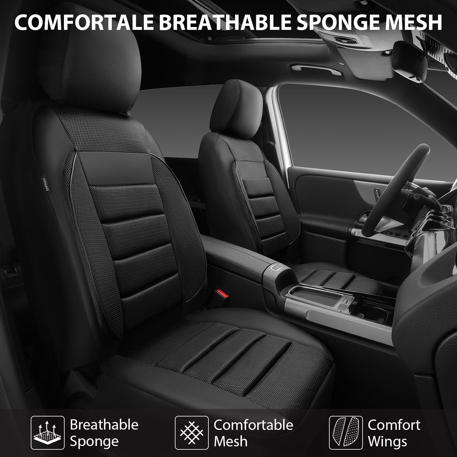 Car Pass Breatherable Air Mesh Car Seat Covers Full Set, 3D Foam Back Support Automotive Seat Covers, All Season Car Seat Cover